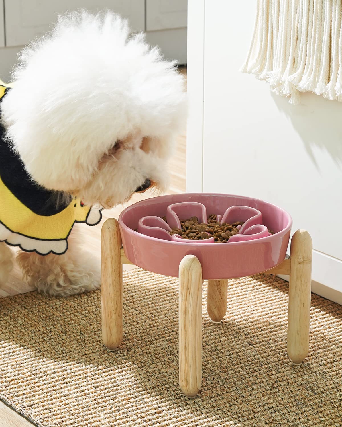 LE TAUCI Ceramic Slow Feed Dog Bowls, Elevated for Small and Medium Breed Dogs, Anti-Gulping Pet Feeding Dishes, Flower Pink, 1.