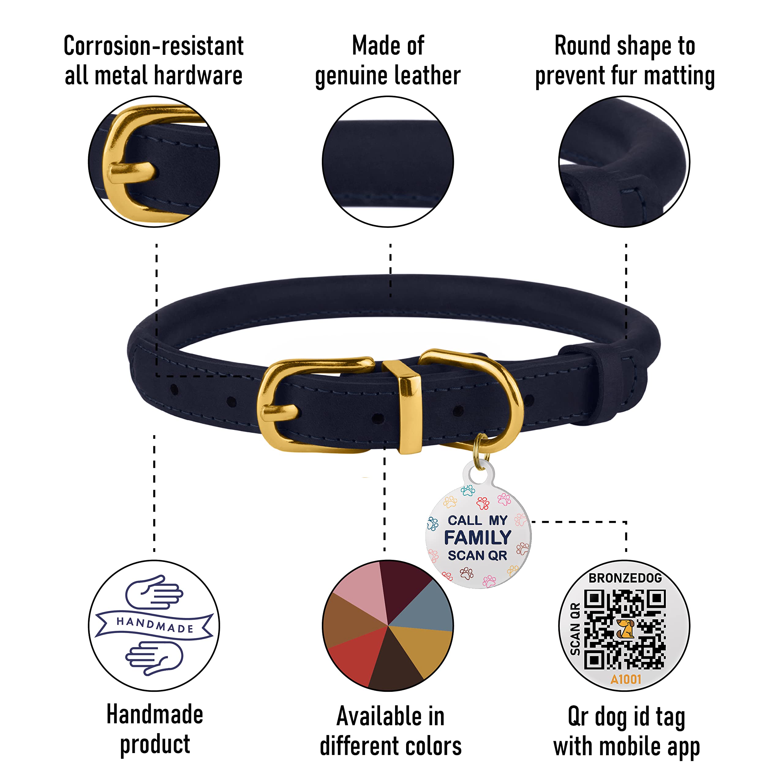 BRONZEDOG Rolled Leather Dog Collar with QR ID Tag Adjustable Soft Round Collars for Small Medium Large Dogs Puppy Cat (12 - 14