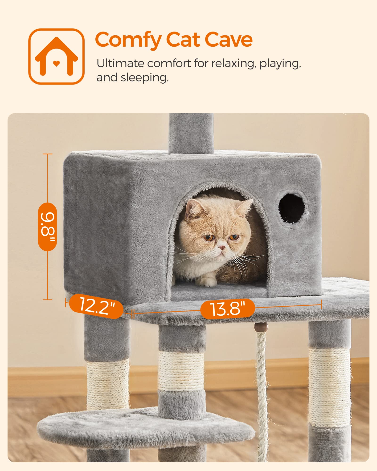 Feandrea Cat Tree, Cat Tower For Indoor Cats, 56.3-Inch Cat Condo With Scratching Posts, Hammock, Plush Perch, Light Gray Upct15