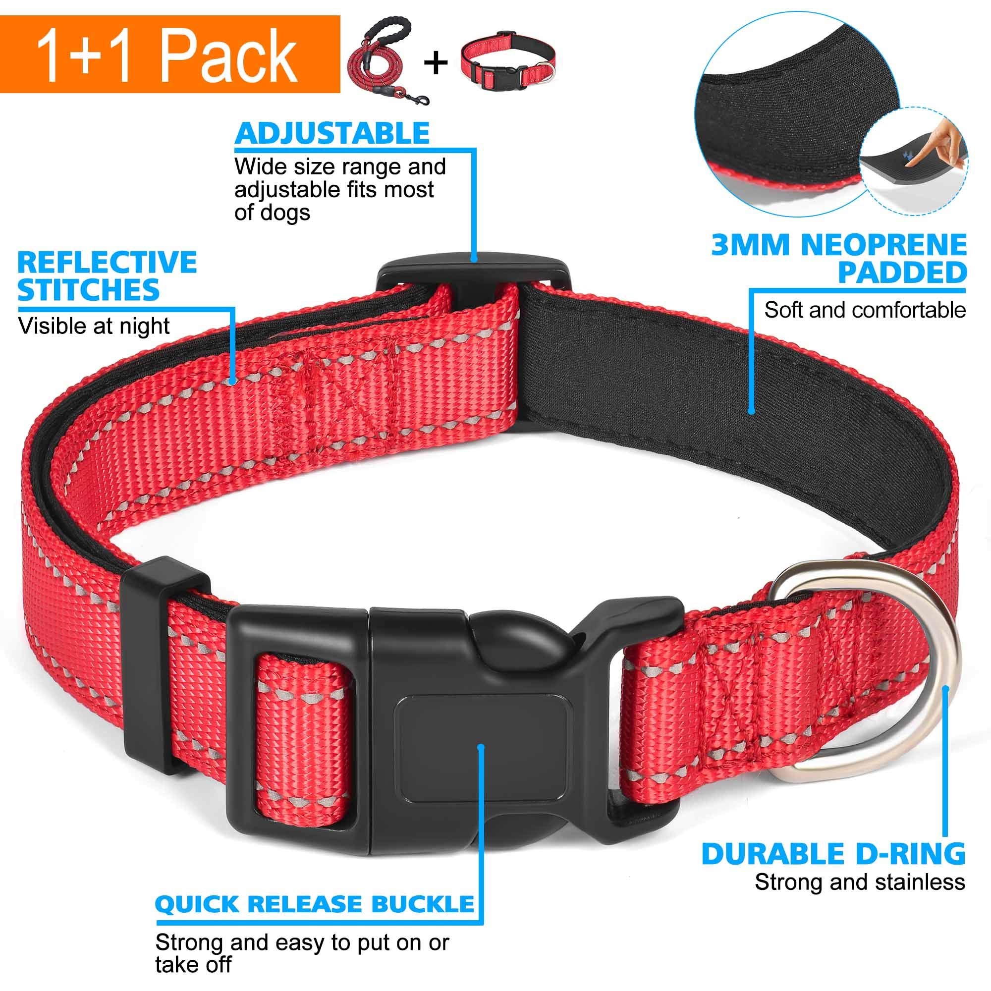 Ladoogo Reflective Dog Collar & Leash Set, Soft Neoprene, Adjustable, Large 19"-23.5", Red
