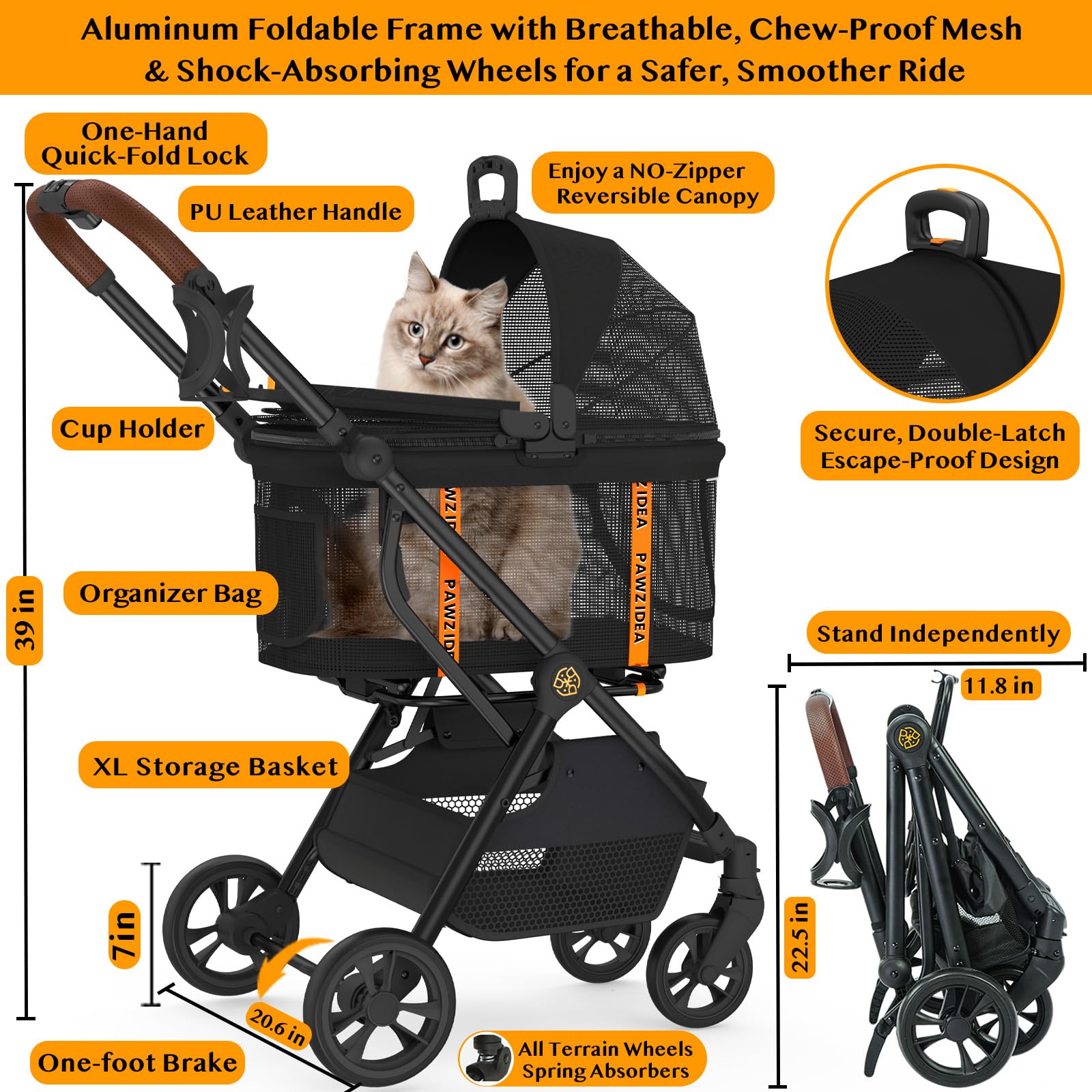 PAWZIDEA Pet Stroller 4-in-1, Lightweight Foldable Carrier for Small/Medium Dogs & Cats, Eco-Friendly Fabric, Model ST82, Jogger Wheels