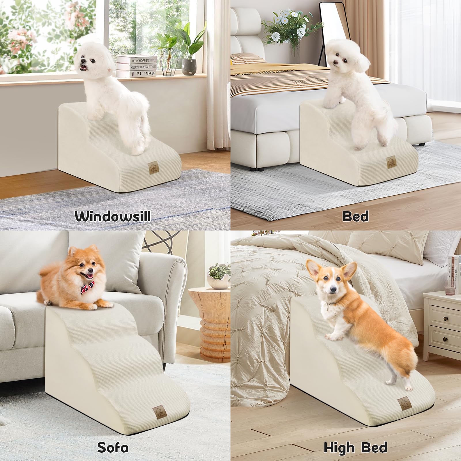 Mestuel Dog Stairs for Small Dogs, Dog Stairs to Couch Sofa Bed, 3 Steps Pet Stairs Ramp with High Density Foam& Non Slip Bottom