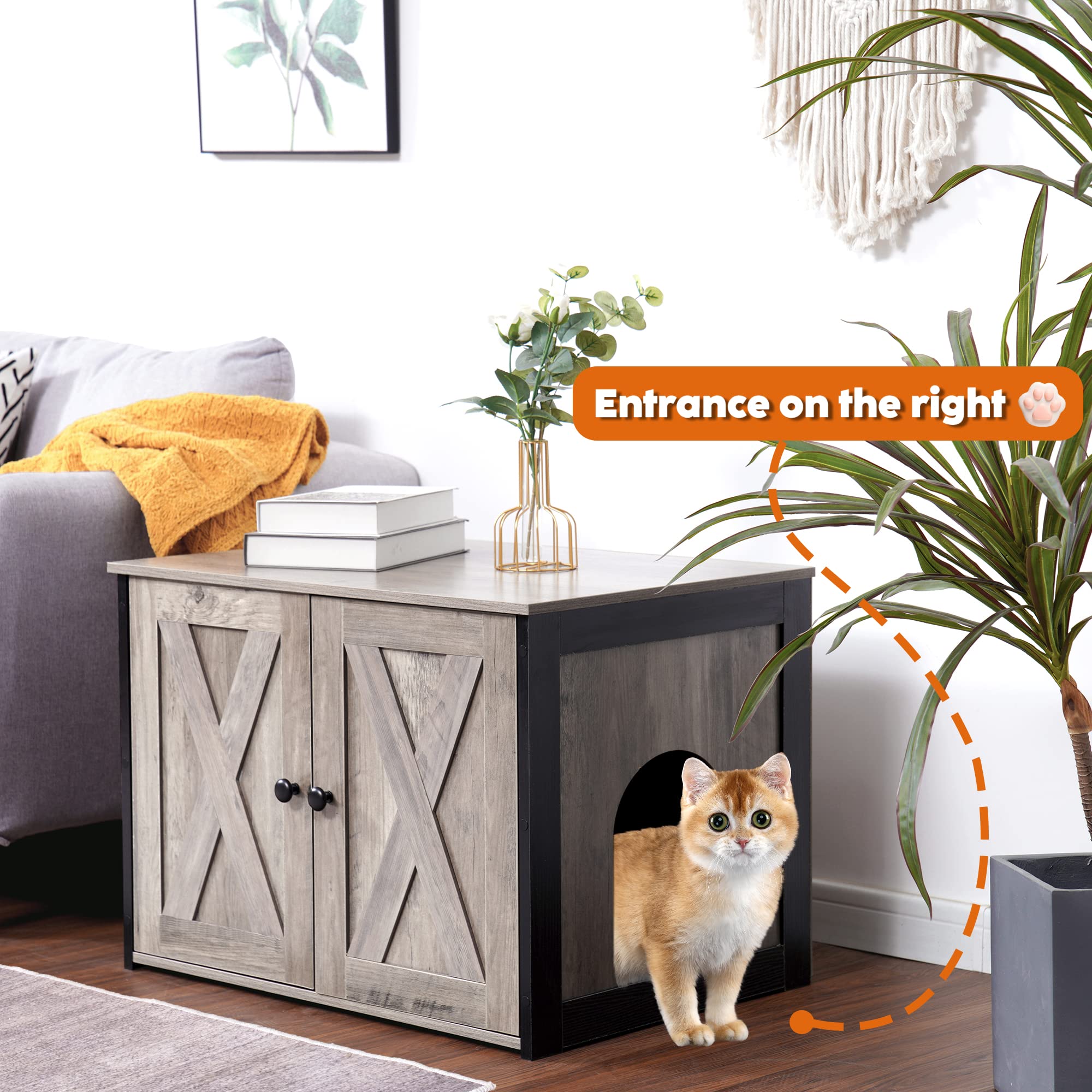 Dwanton Litter Box Enclosure, Cat Litter Box Furniture Hidden, Reversible Entrance Can Be On Left Or Right Side, Wooden Cat Washroom Indoor, Fit Most Of Litter Box, 27.6 X 19.7 X 19.7 Inches