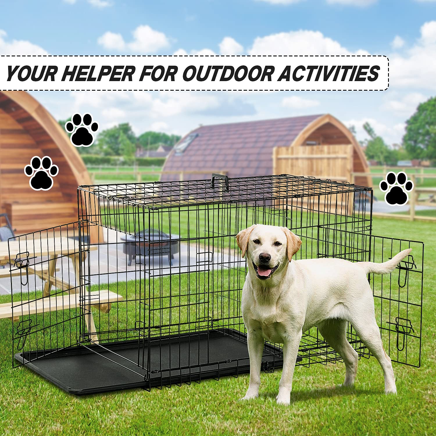 Hcy, Dog Crate, Dog Kennel 48 Inch Double Door Metal Crate Foldable Puppy Supplies Cage With Divider Panel, Handle, Plastic Tray