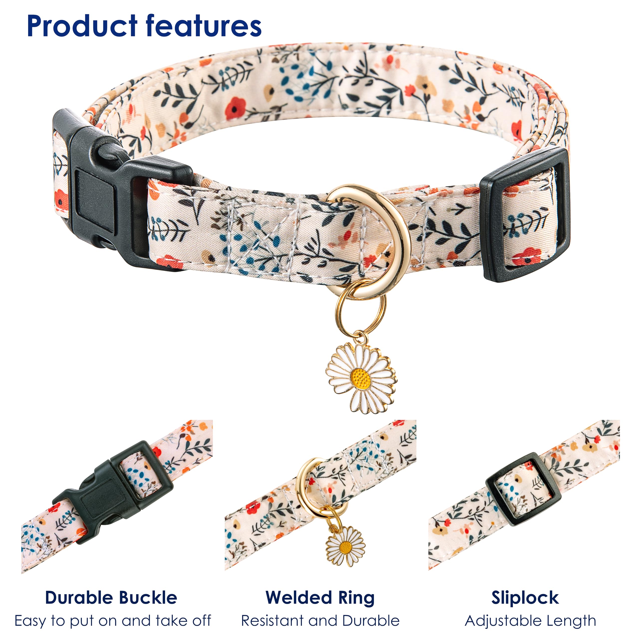 Raisingwell Cute Dogs Collar Beige Flower Patterns For Boys And Girls Holiday Dog Collars Summer Fall Gift Adjustable For Medium