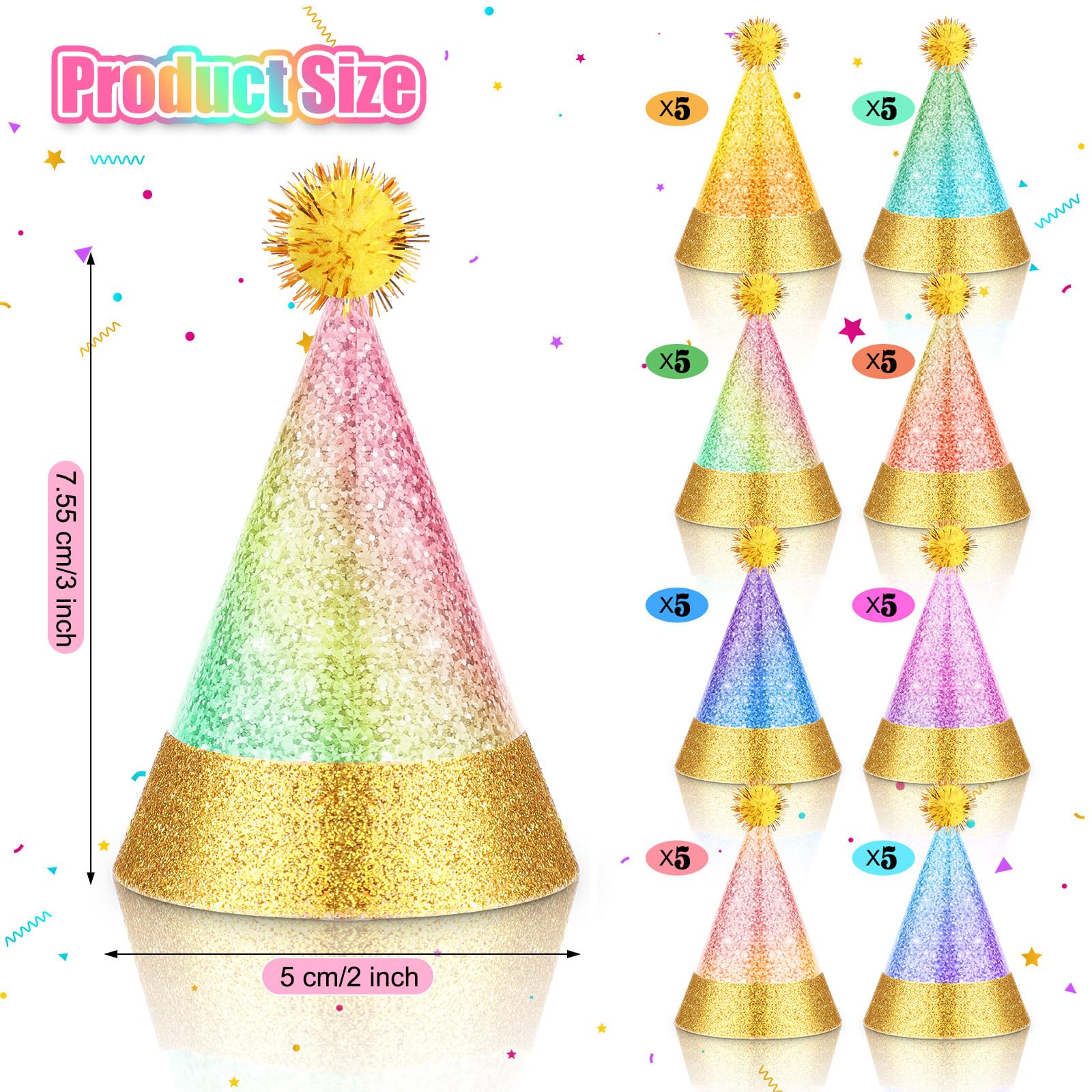 Sonwyoung 40 Pcs Mini Party Hats With Pompoms, Glitter Stuffed Animals Birthday Party Cone Hat For Stuffed Animals Pets Party