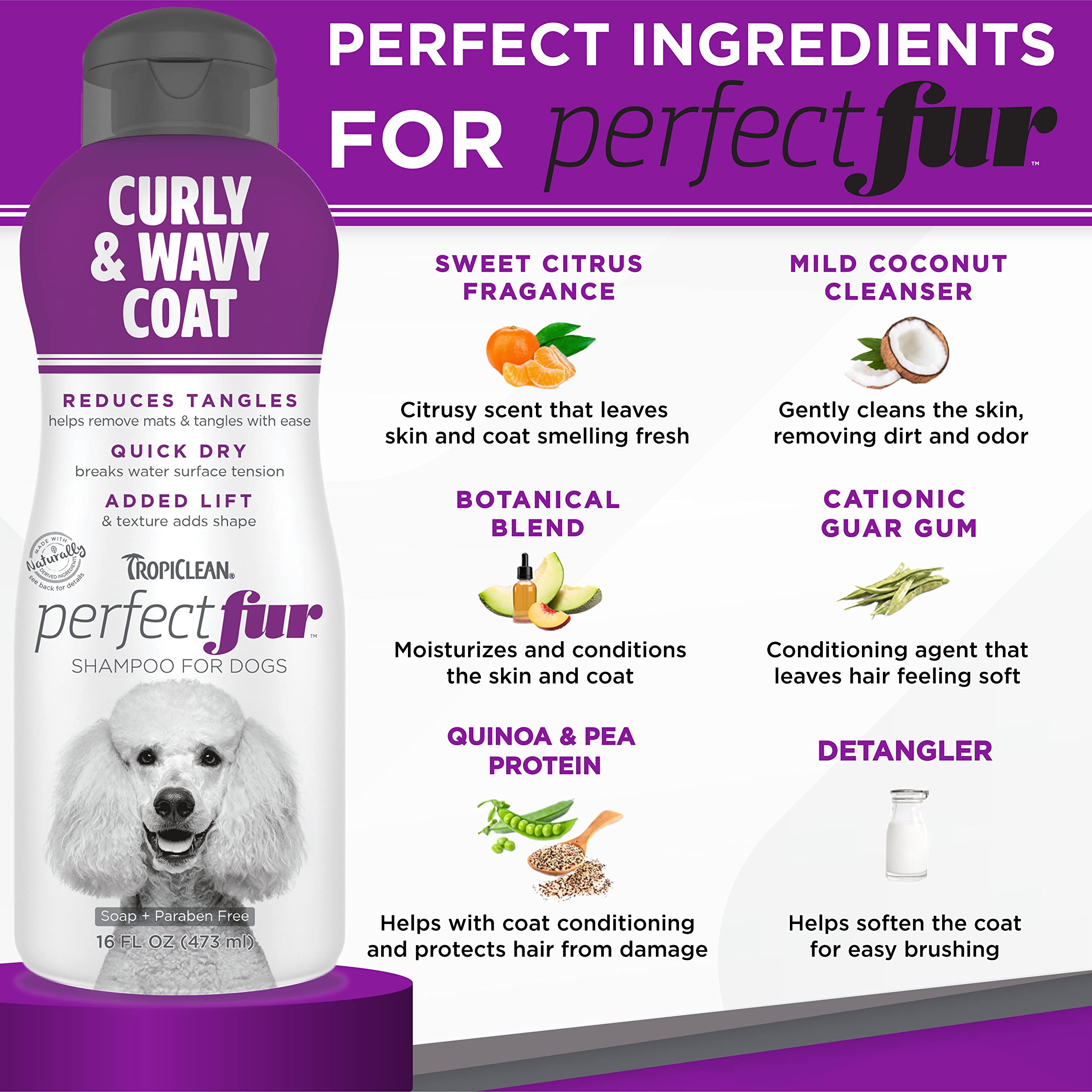 Tropiclean Perfect Fur Detangling Dog Shampoo For Breeds With Curly & Wavy Fur | 16 Oz
