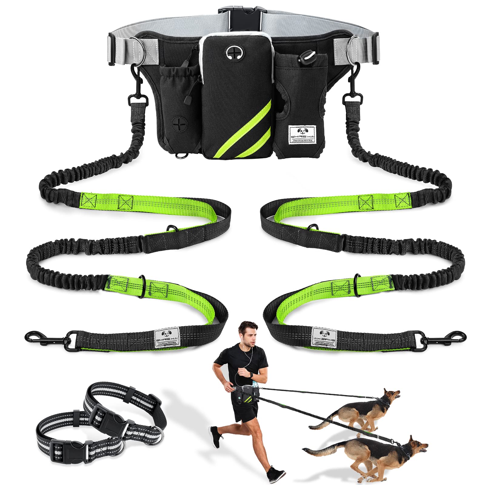 Shine Hai Retractable Hands Free Dog Leash With Dual Bungees For 2 Dogs, Adjustable Waist Belt, Reflective Stitching Leash For Running Walking Hiking Jogging Biking Black - Green
