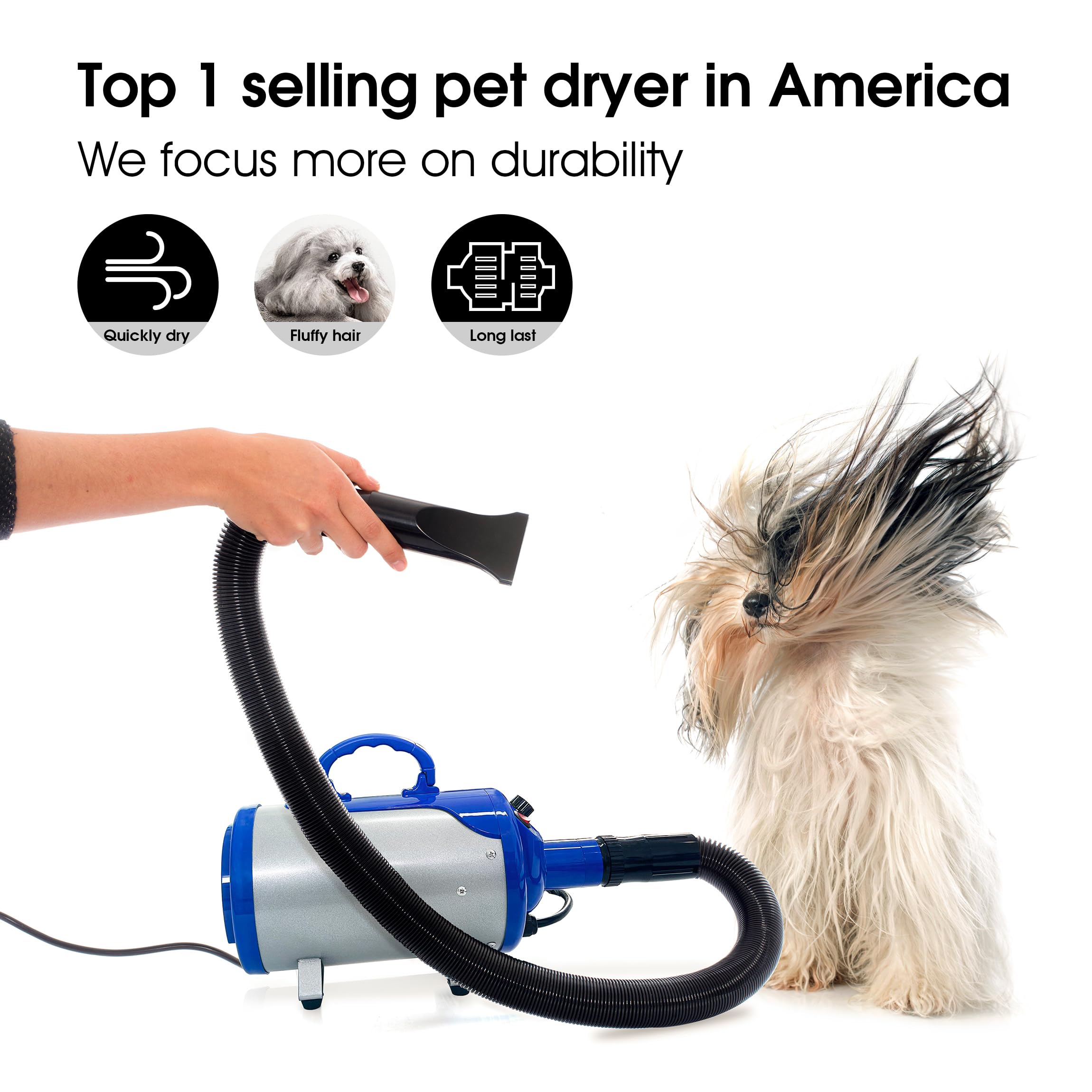SHELANDY Pet Hair Force Dryer Blower with Heater, Blue, Model STL-1902, Copper Material, 1 Unit