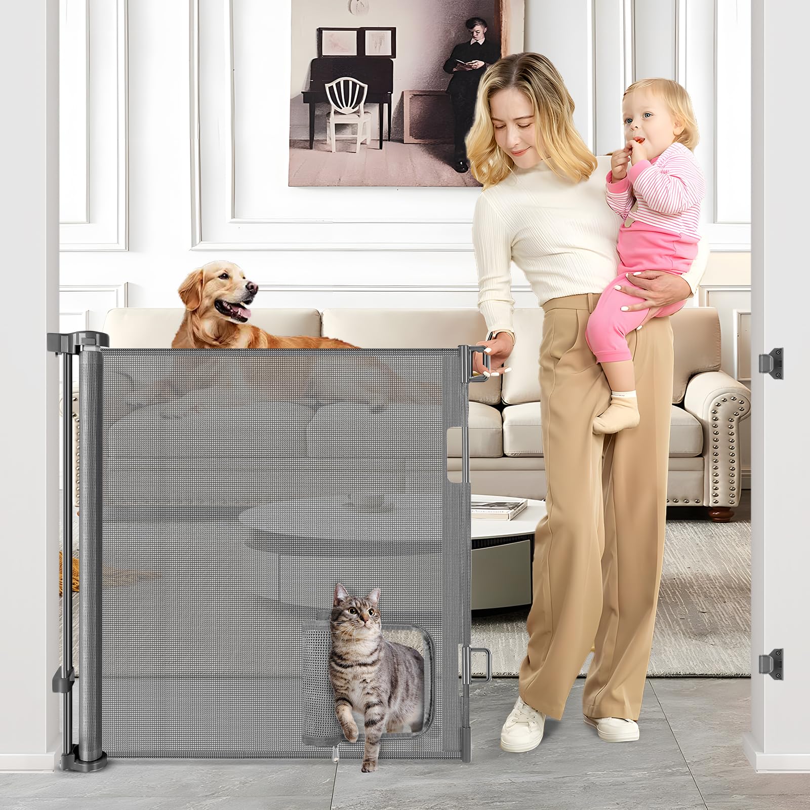 Retractable Dog Gate with Cat Door 55 Wide Retractable Pet Gate with Cat Door Mesh Dog Gate Retractable Baby Gates for Doorway R