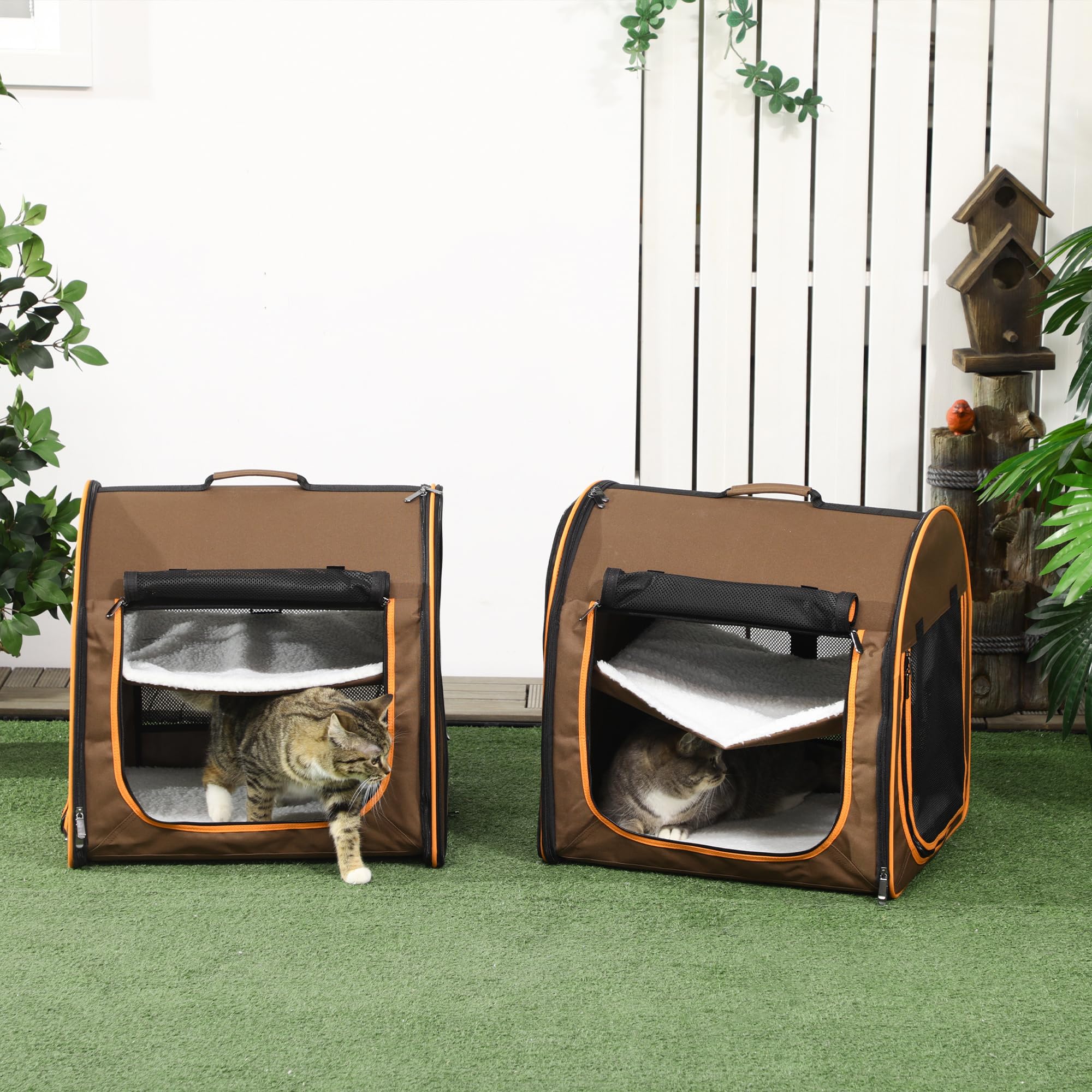 Pawhut 39' Portable Soft-Sided Cat Carrier, Travel Pet Carrier With Divider, Two Compartments, Soft Cushions, & Storage Bag, Brown