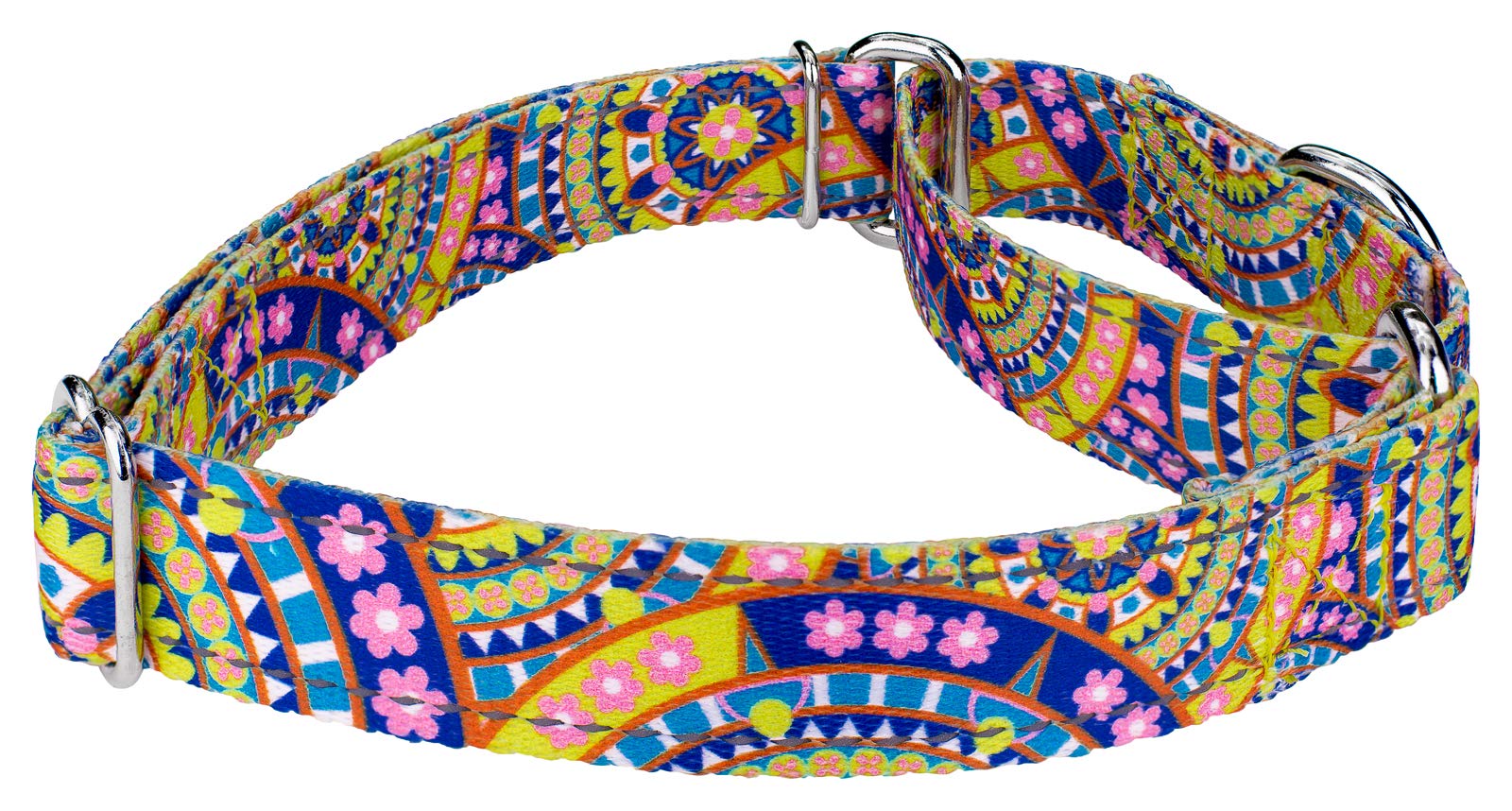 Country Brook Petz - Yellow Boho Mandala Reflective Martingale Dog Collar Collection With 12 Night Safe Designs (1 Inch, Extra L