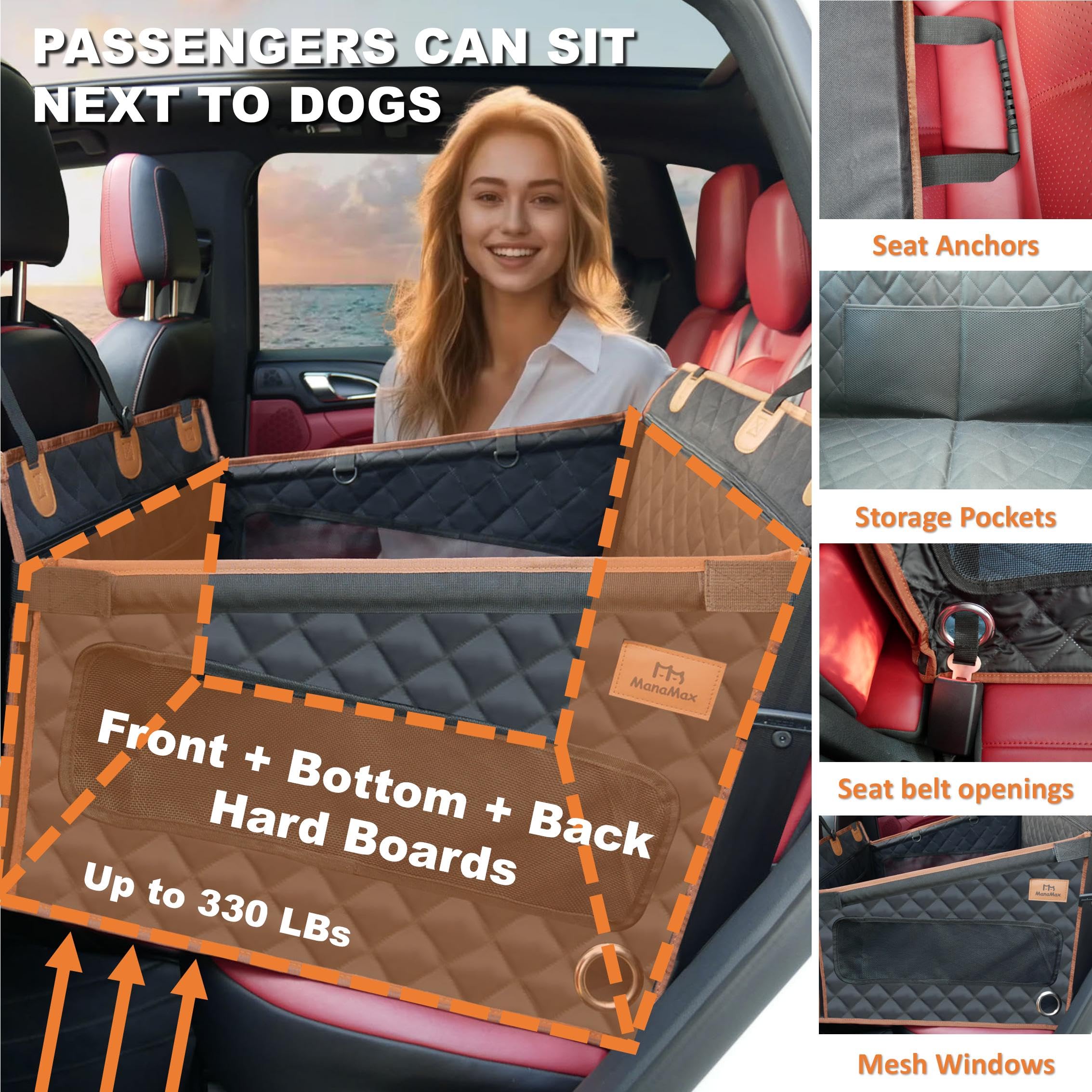 ManaMax Dog Car Seat Cover, Back Seat Extender for Large Dogs, Waterproof Oxford Cloth, Black, Model DCS-L