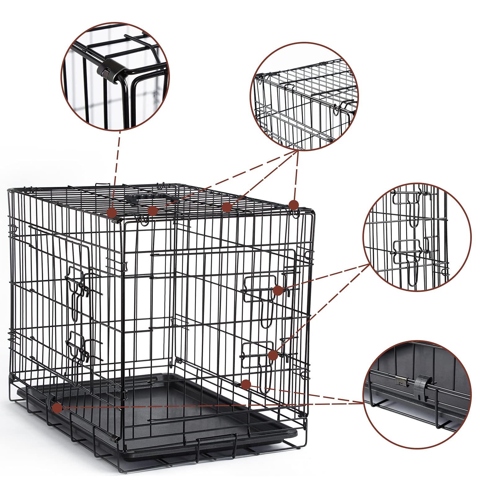 DONORO Dog Crate Kit for Small Dogs, 36"x23"x25", Collapsible Metal, Brown, Double Door with Cover for Indoor Use