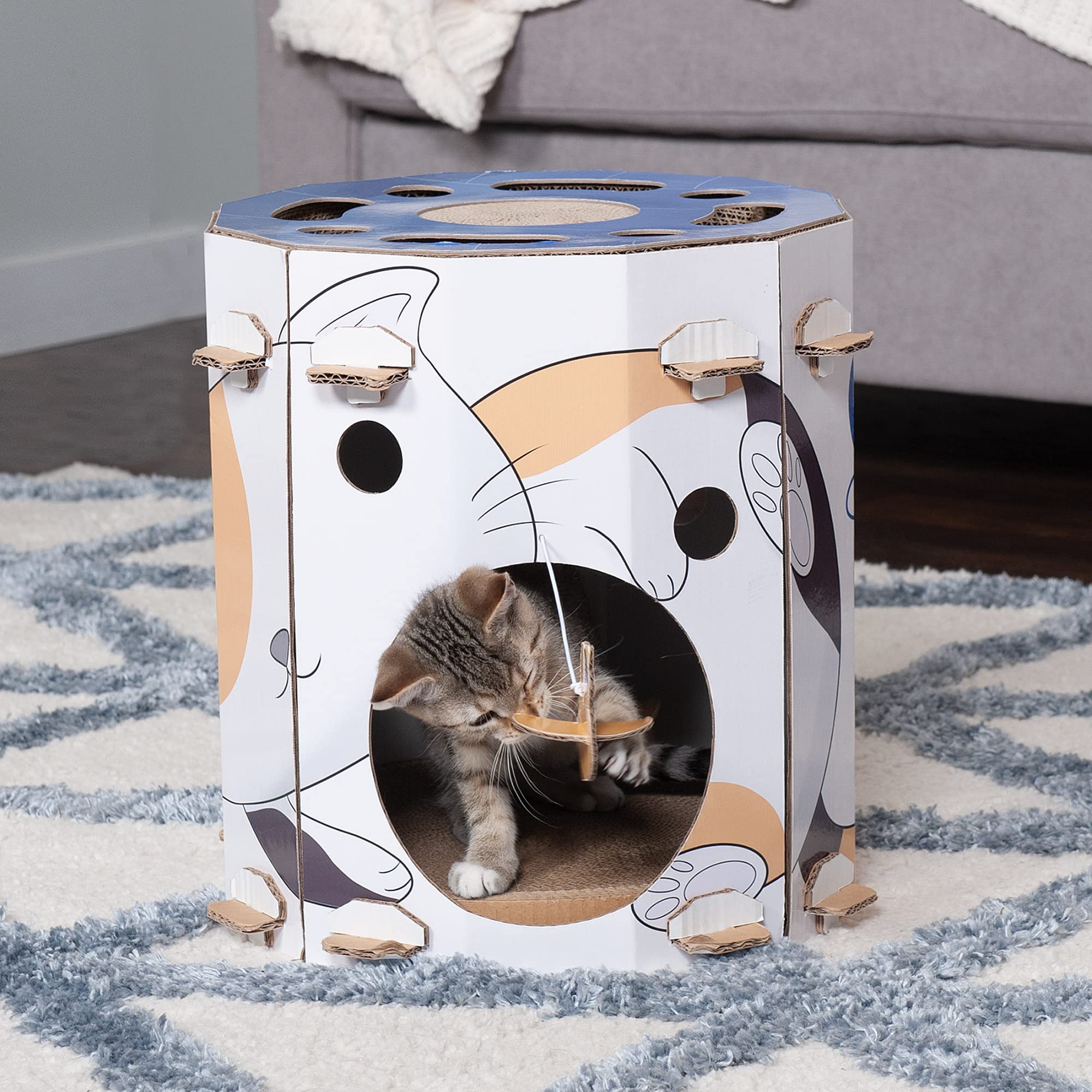 Furhaven Cardboard Hideout W/ Catnip For Indoor Cats, Ft. Scratching Pad, Ball Track, & Toys - Kitty Hideaway Corrugated Cat Scr