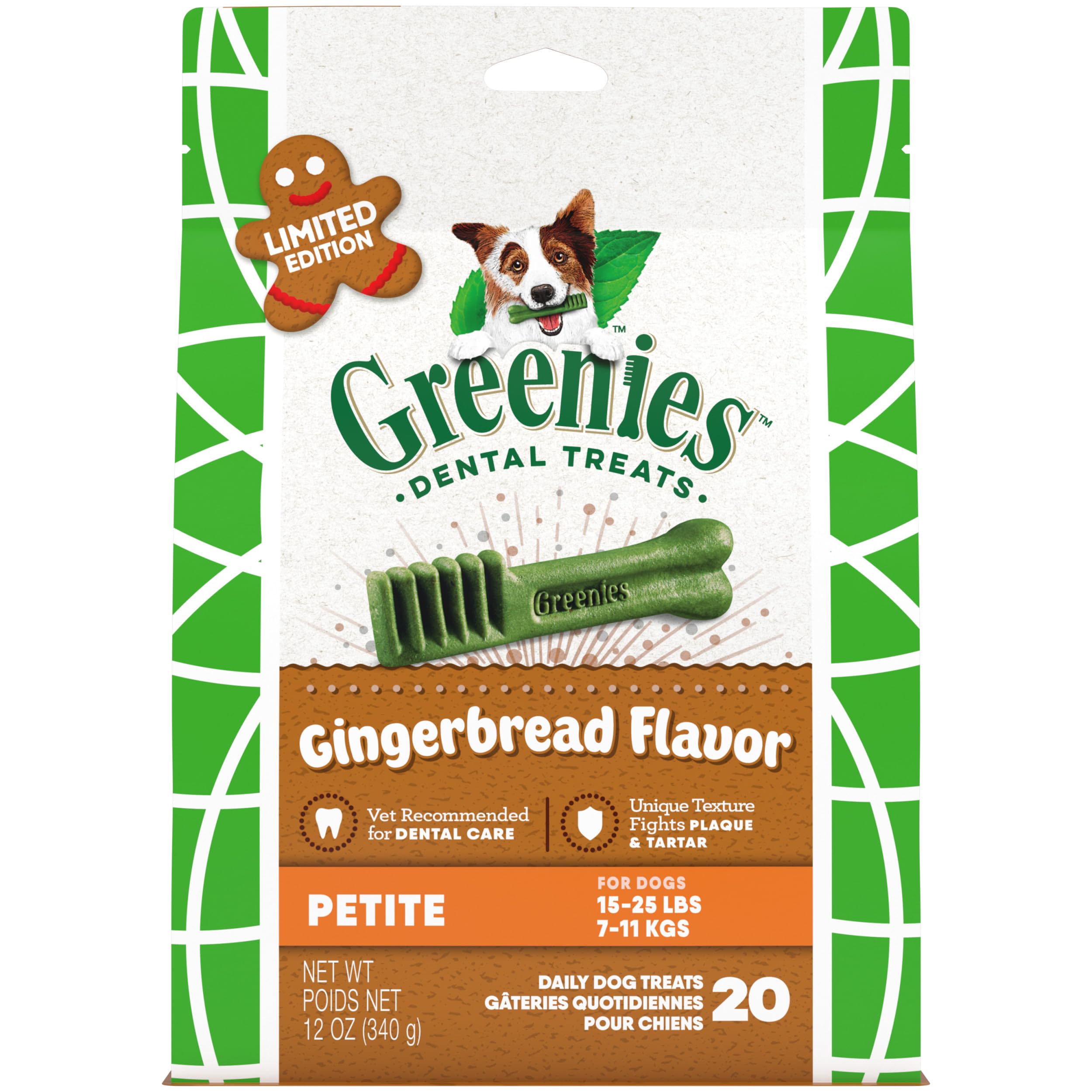 Greenies Petite Dental Dog Treats, Gingerbread Flavor, Limited Edition, 12 oz. Pack (20 Treats)