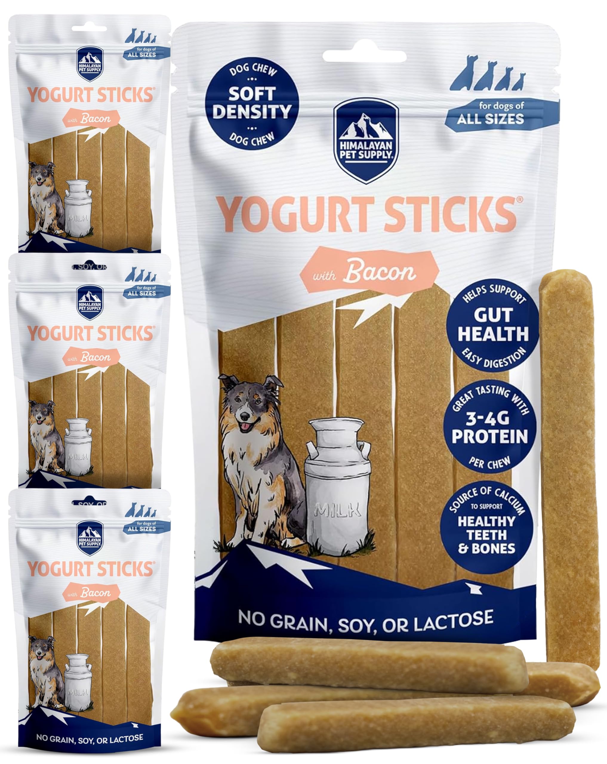 Himalayan Dog Chew Yogurt Sticks, Bacon Flavor, Dog Treats with Prebiotics, Probiotics & Protein, Digestive Support, Lactose & G