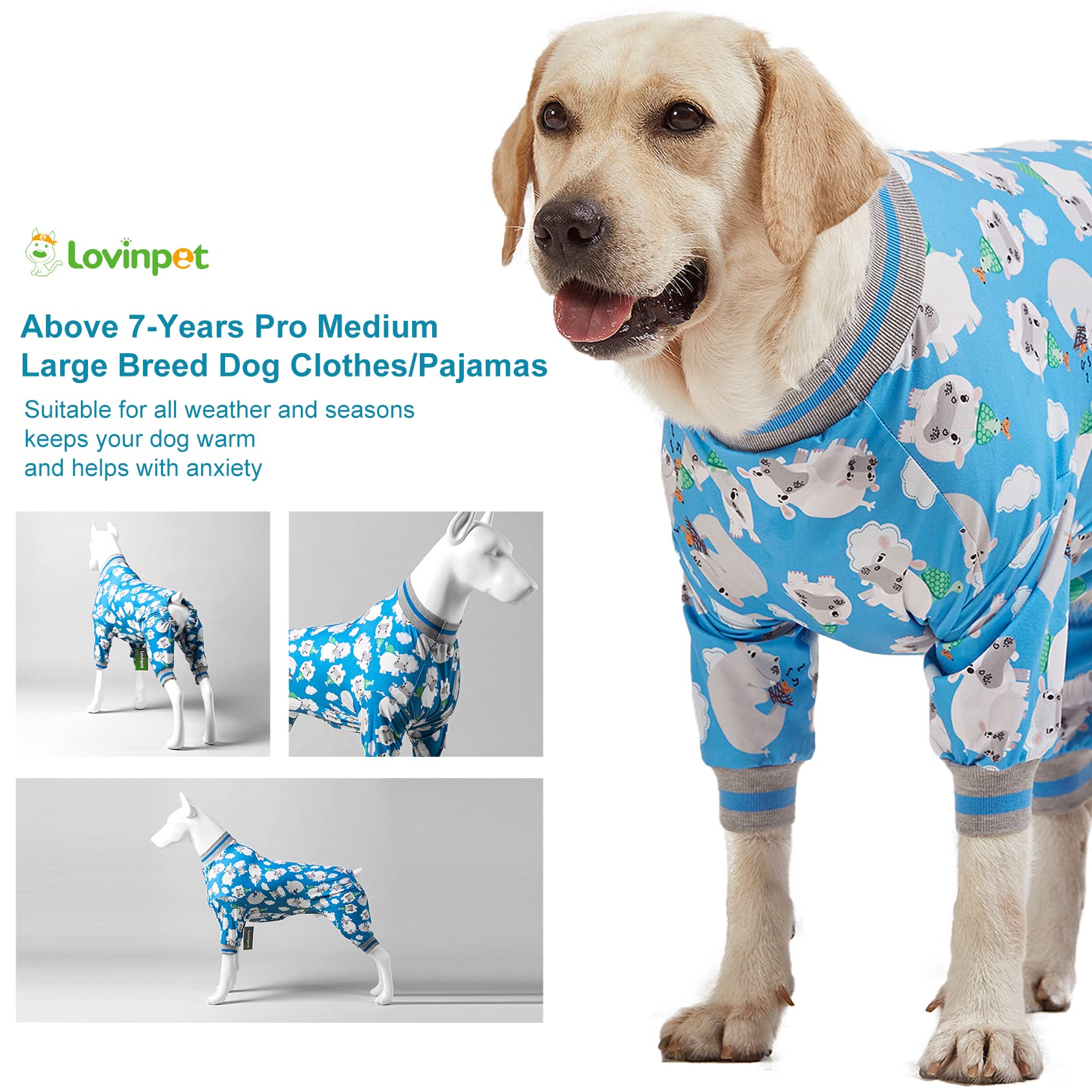 LovinPet Dog Pajamas, Cozy Pullover PJs for Large Dogs, 65% Cotton, Blue, XX-Large, Happy Hippo Print, Model LP-8JHEMAYUN