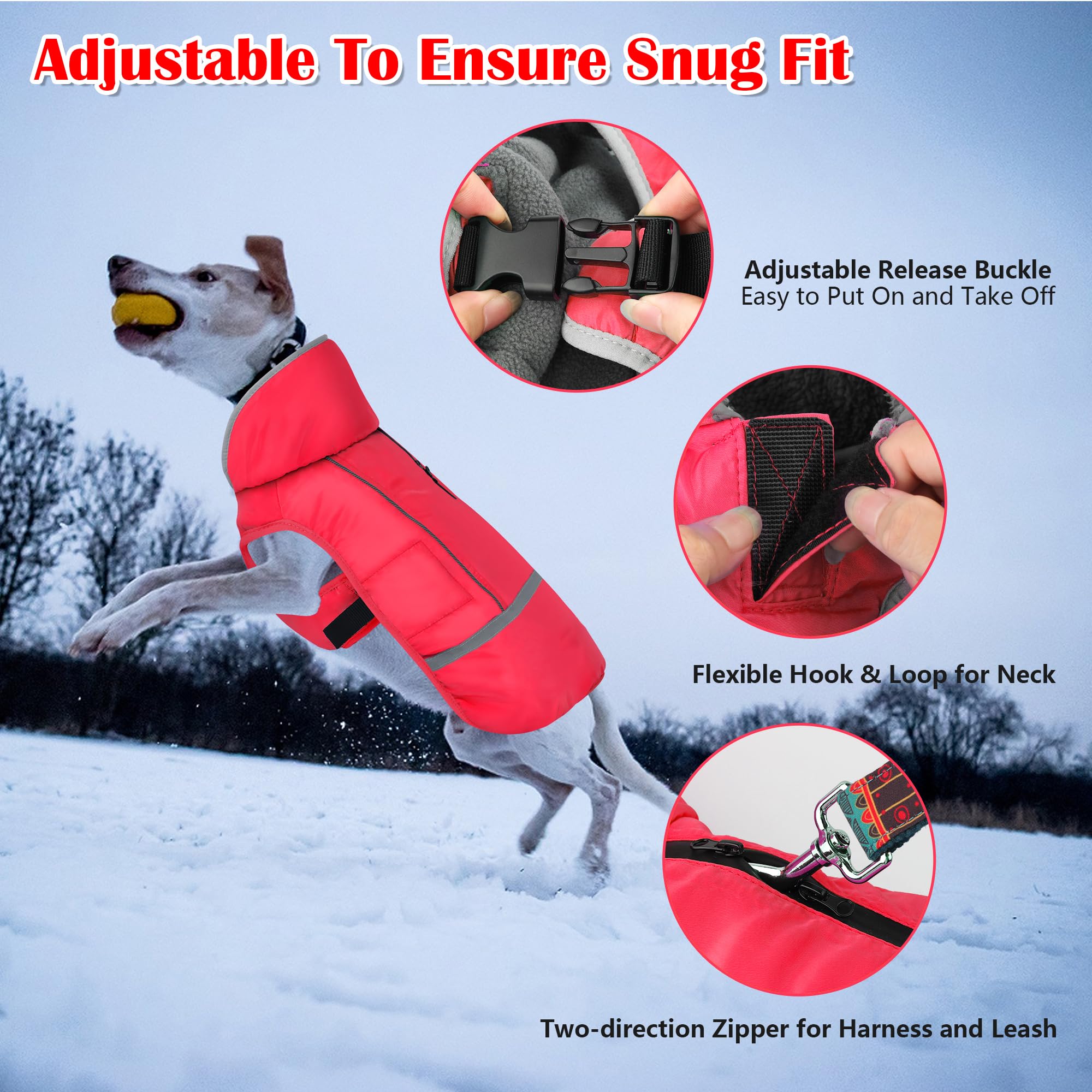 Dogcheer Warm Dog Coat, Waterproof Dog Jacket Winter Coat Turtleneck Windproof Pet Cold Weather Coats, Reflective Adjustable Dog Snow Jacket Fleece Sweater For Small Medium Large Dogs -Red M
