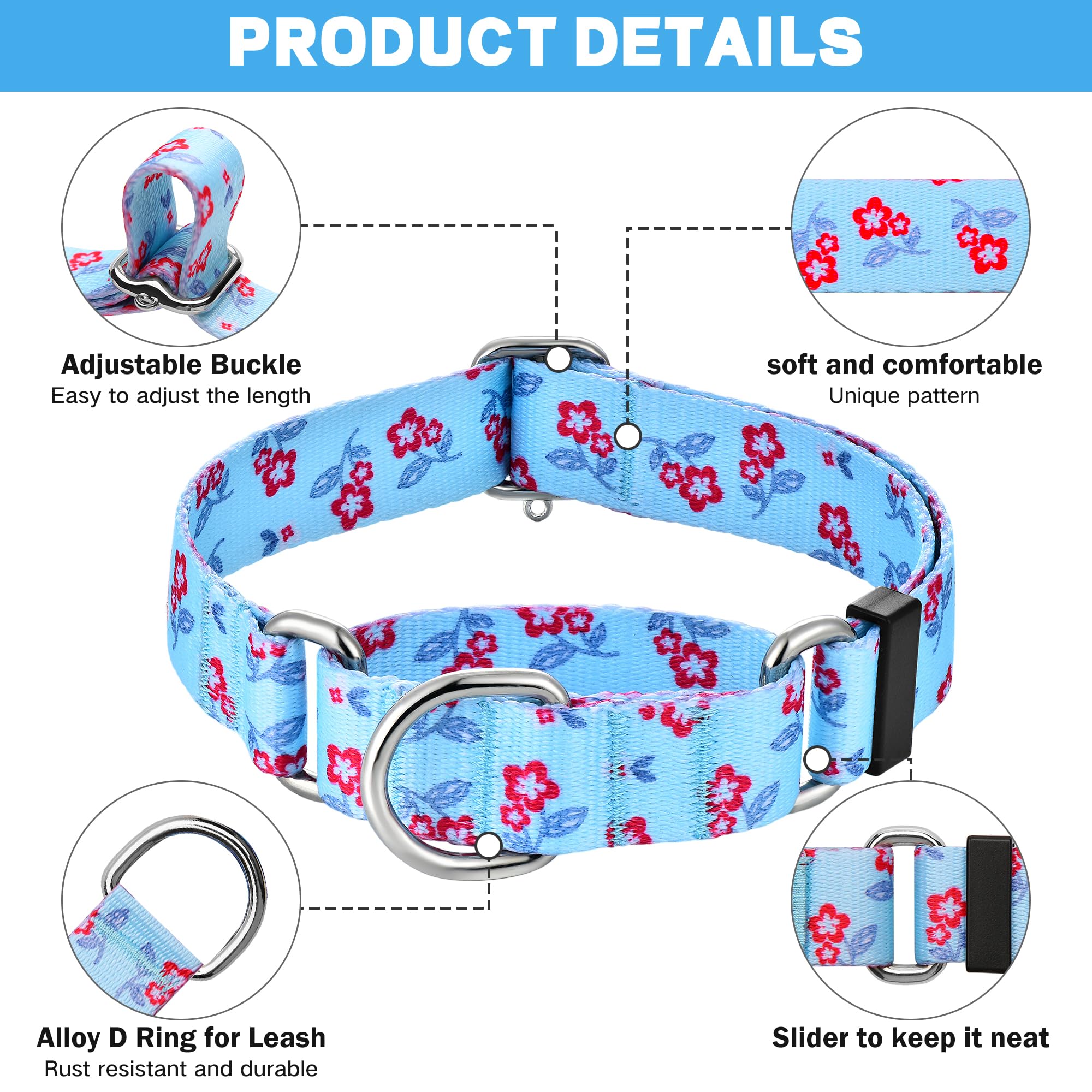 Hikiko Martingale Dog Collar With No Buckle Cute Girl Flower Dog Collars Comfortable Nylon Choke Collar For Puppy Dogs,Light Blu