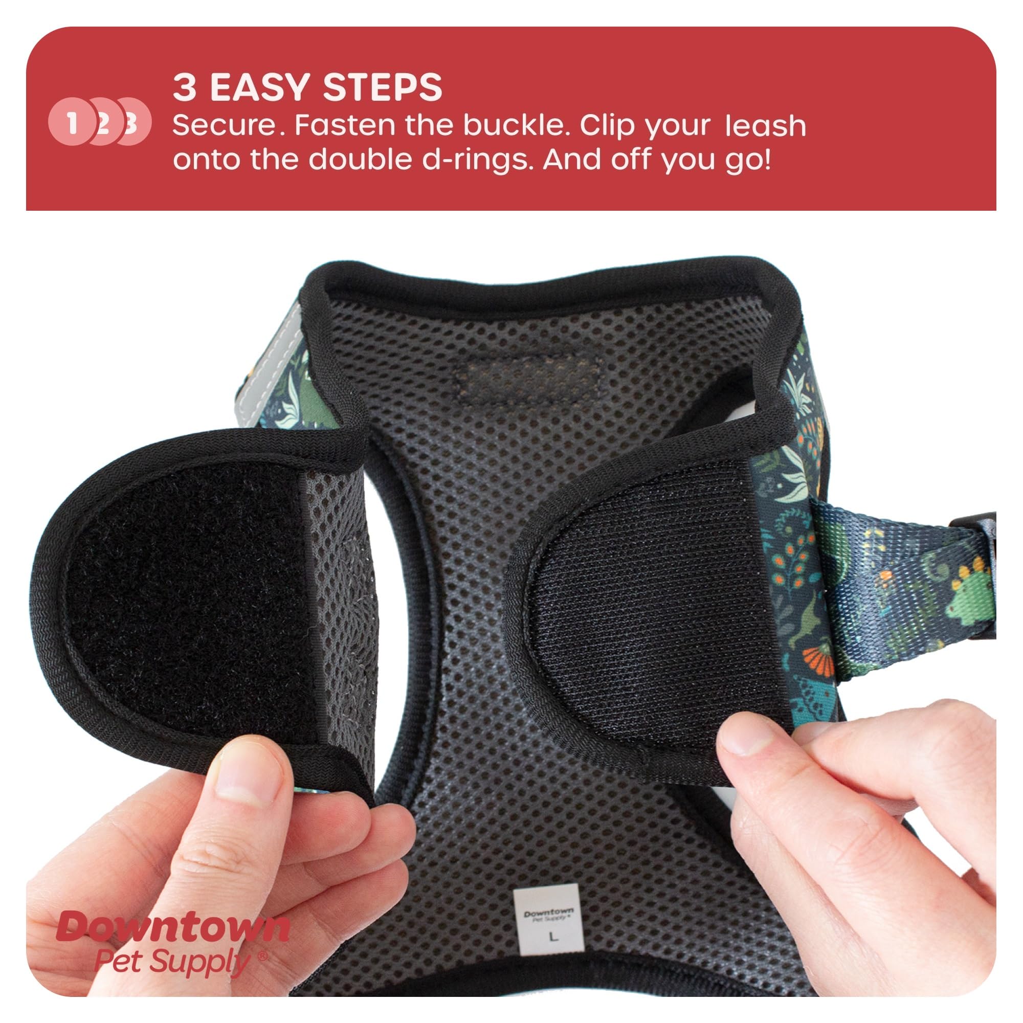Downtown Pet Supply Step In Dog Harness No Pull, X-Large, Dinosaur - Adjustable Harness With Padded Mesh Fabric And Reflective T