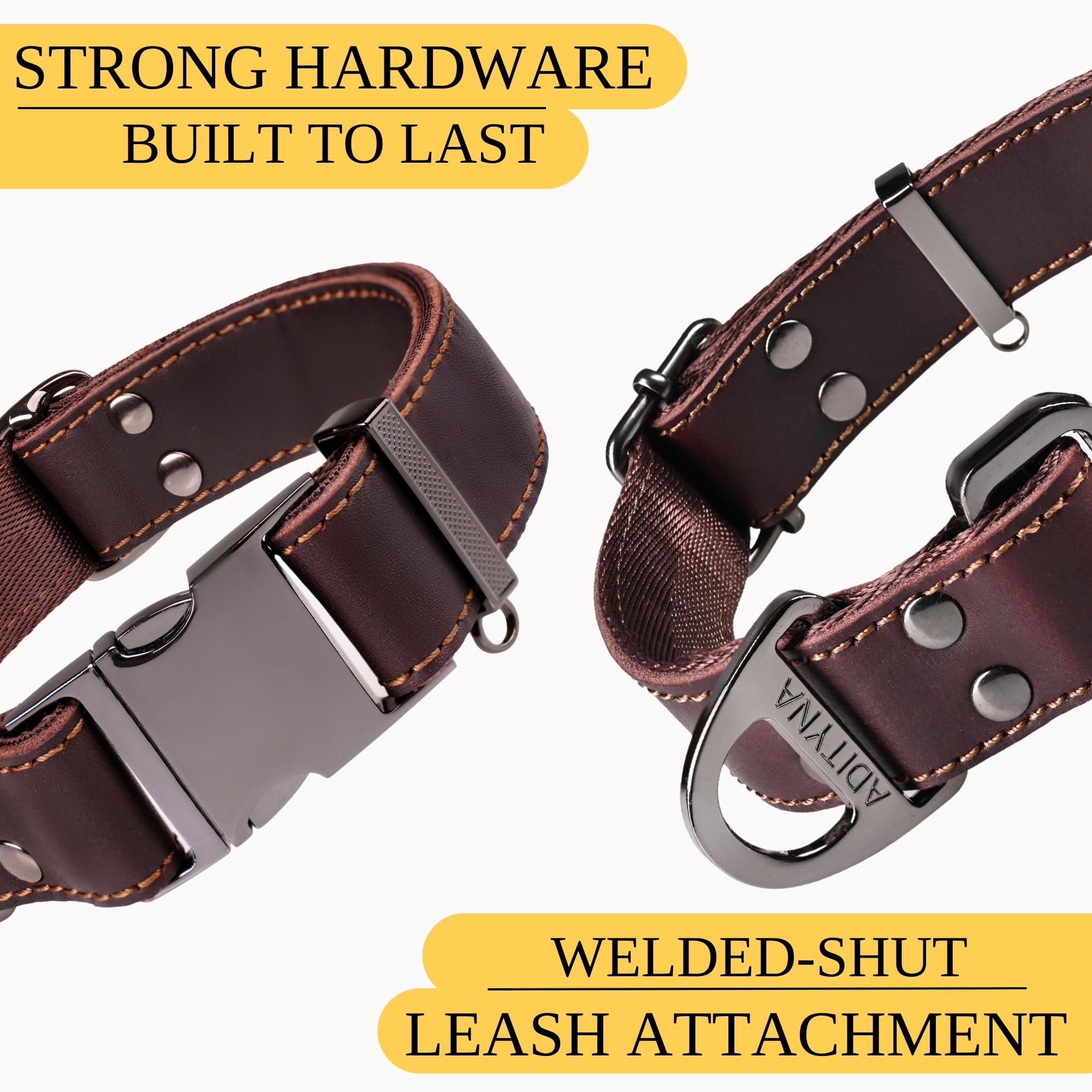 ADITYNA Heavy-Duty Leather Dog Collar with Metal Buckle - Adjustable for Medium & Large Dogs, Brown, Fits 15-21 Necks