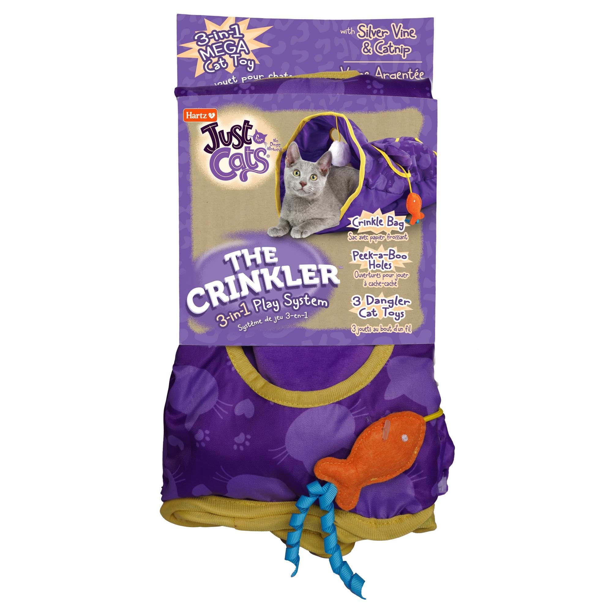Hartz New Just For Cats The Crinkler, 3In1 Mega Cat Toy With Silver Vine & Catnip, Crinkle Bag, PeekABoo Holes, 3 Dangler To