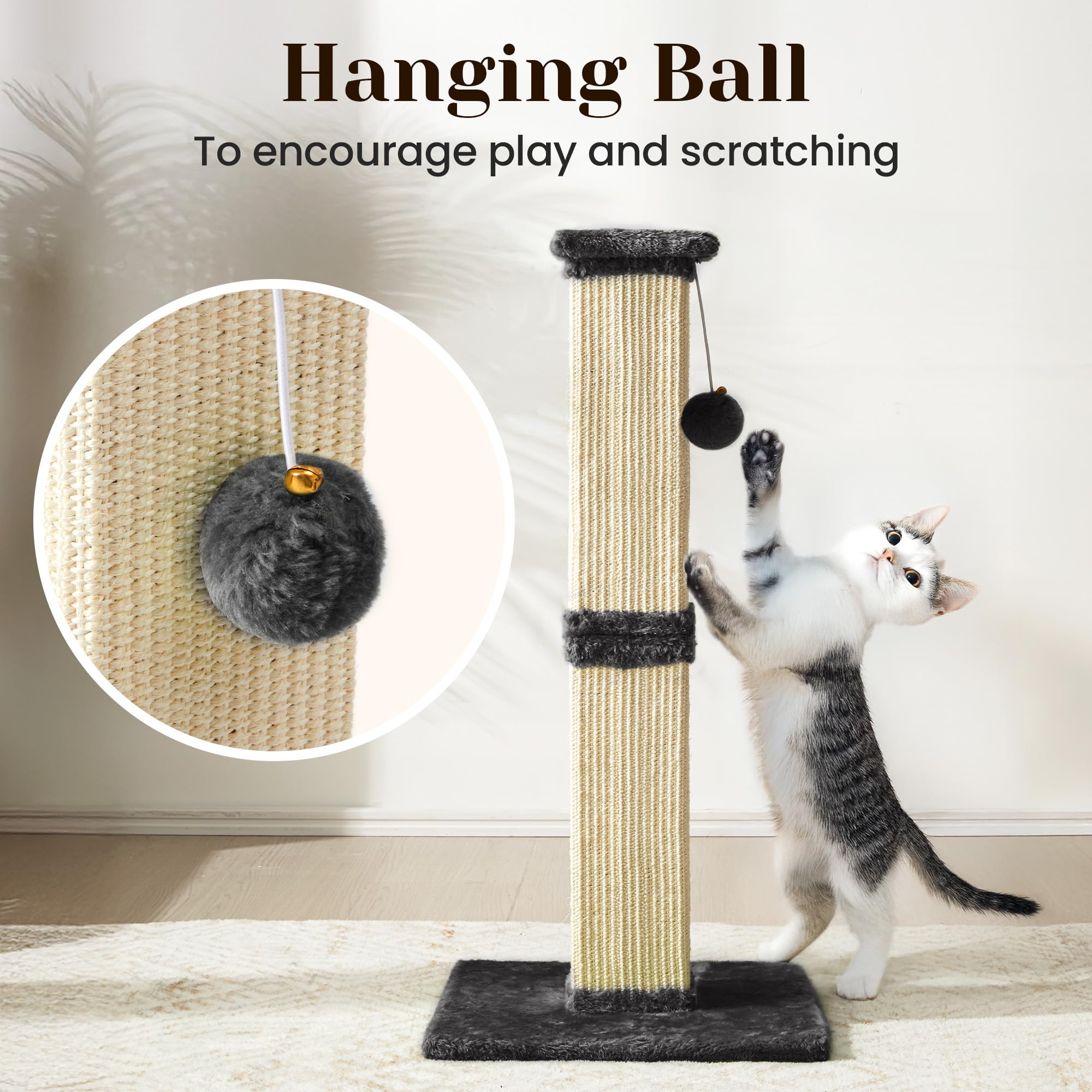 Fansafurn Cat Scratching Post with Hanging Toy Ball, 32-Inch Tall Sisal Cat Scratcher for Indoor Cats, Grey