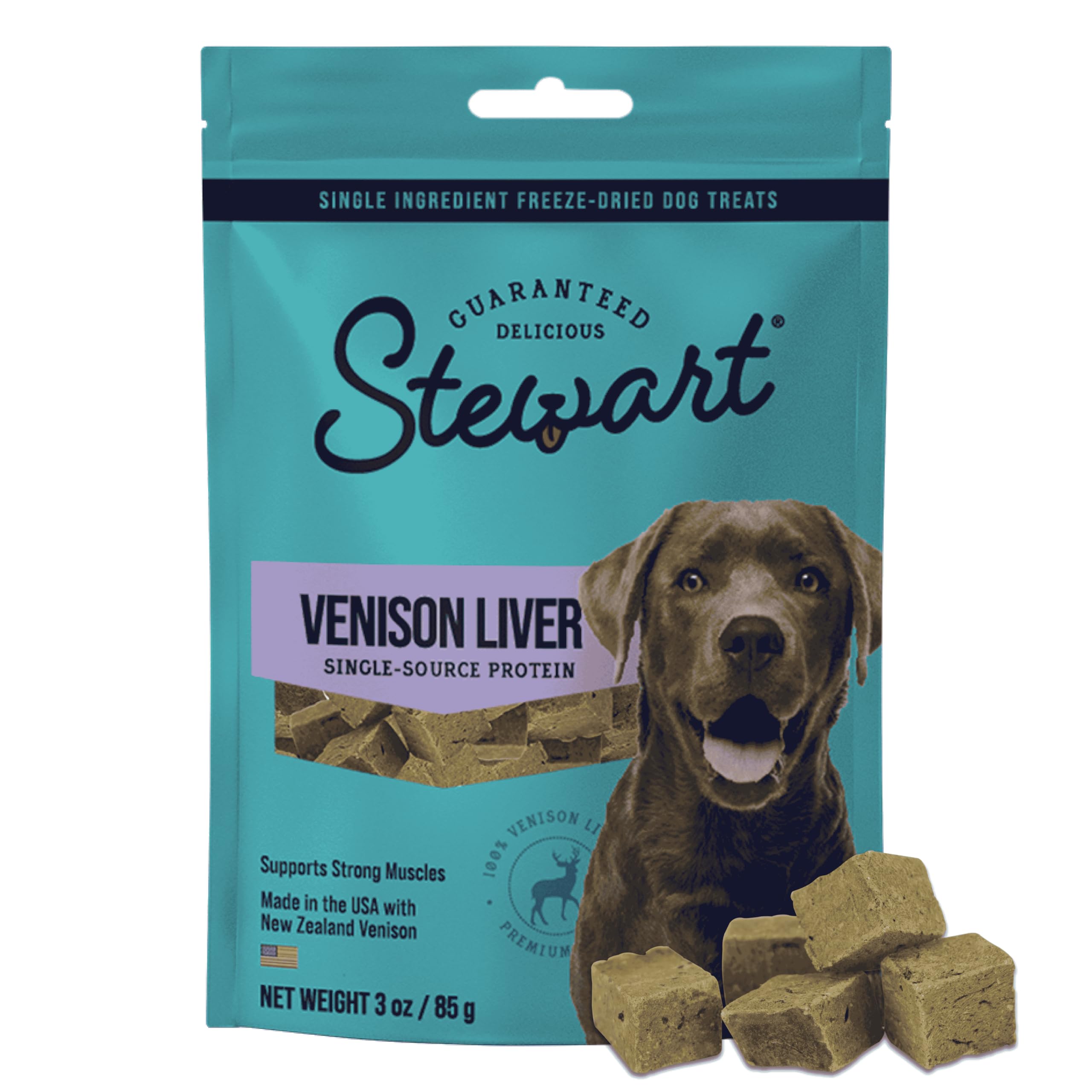 Stewart Single Ingredient Freeze Dried Raw Dog Treats, Venison Liver, 3 Ounce Resealable Pouch, Training Treats or Meal Topper D