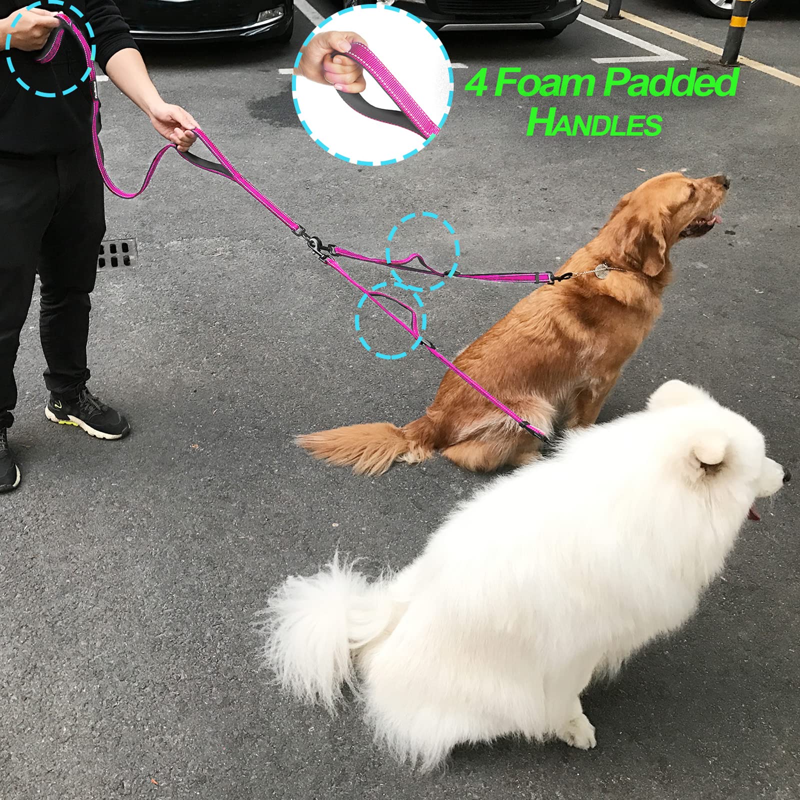 Petbonus Double Dog Leash, No Tangle Dual Dog Leash, Reflective Walking Training Leash, 4 Comfortable Padded Handles For 2 Dogs With Collapsible Bowl And Waste Bags Dispenser (Pink, Large)