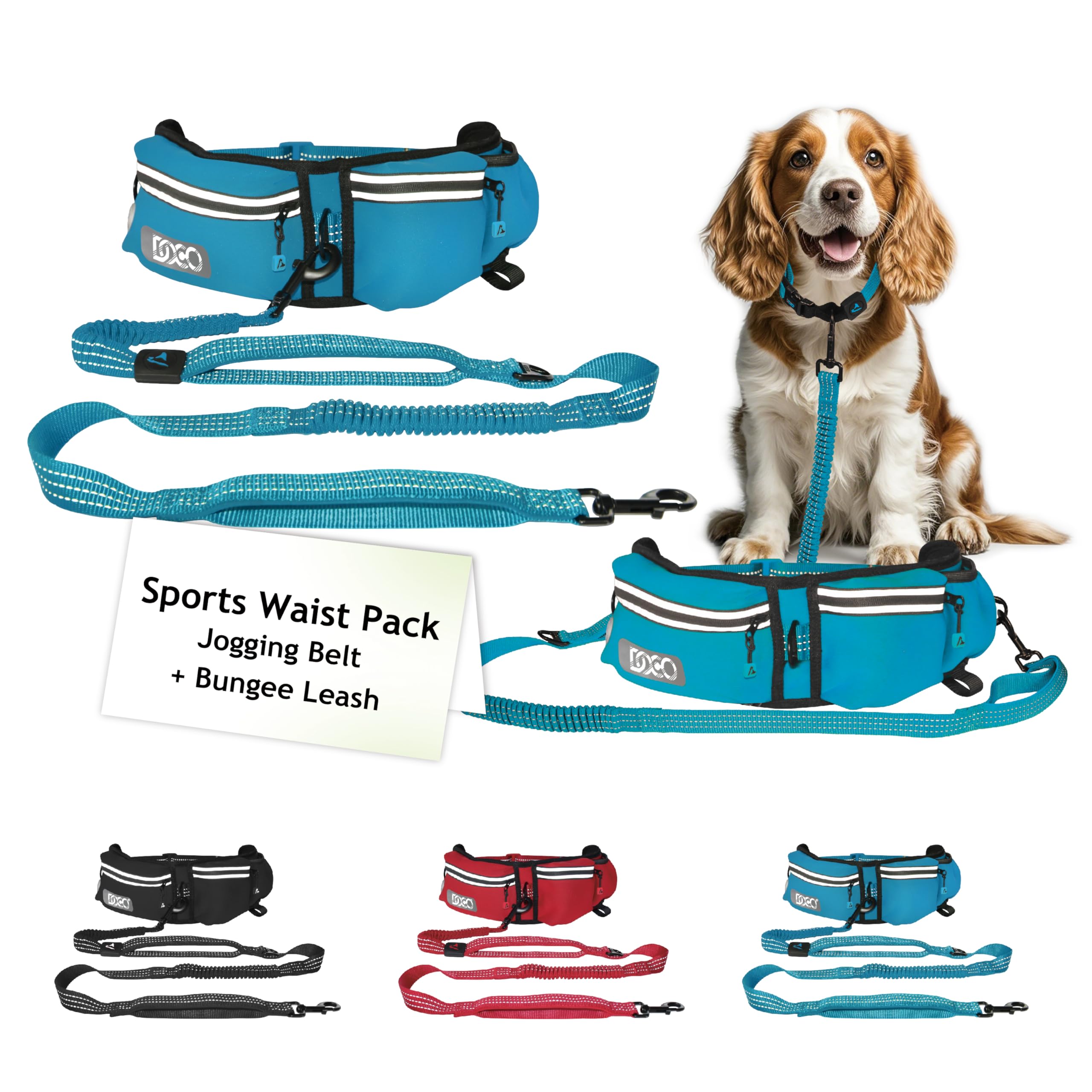 Doco Heavy Duty Hands Free Dog Leash For Running, Walking, Jogging - Adjustable Waist Belt, Reflective Stitching, Bungee Design, Dual Handles For Large Dogs (Turquoise)