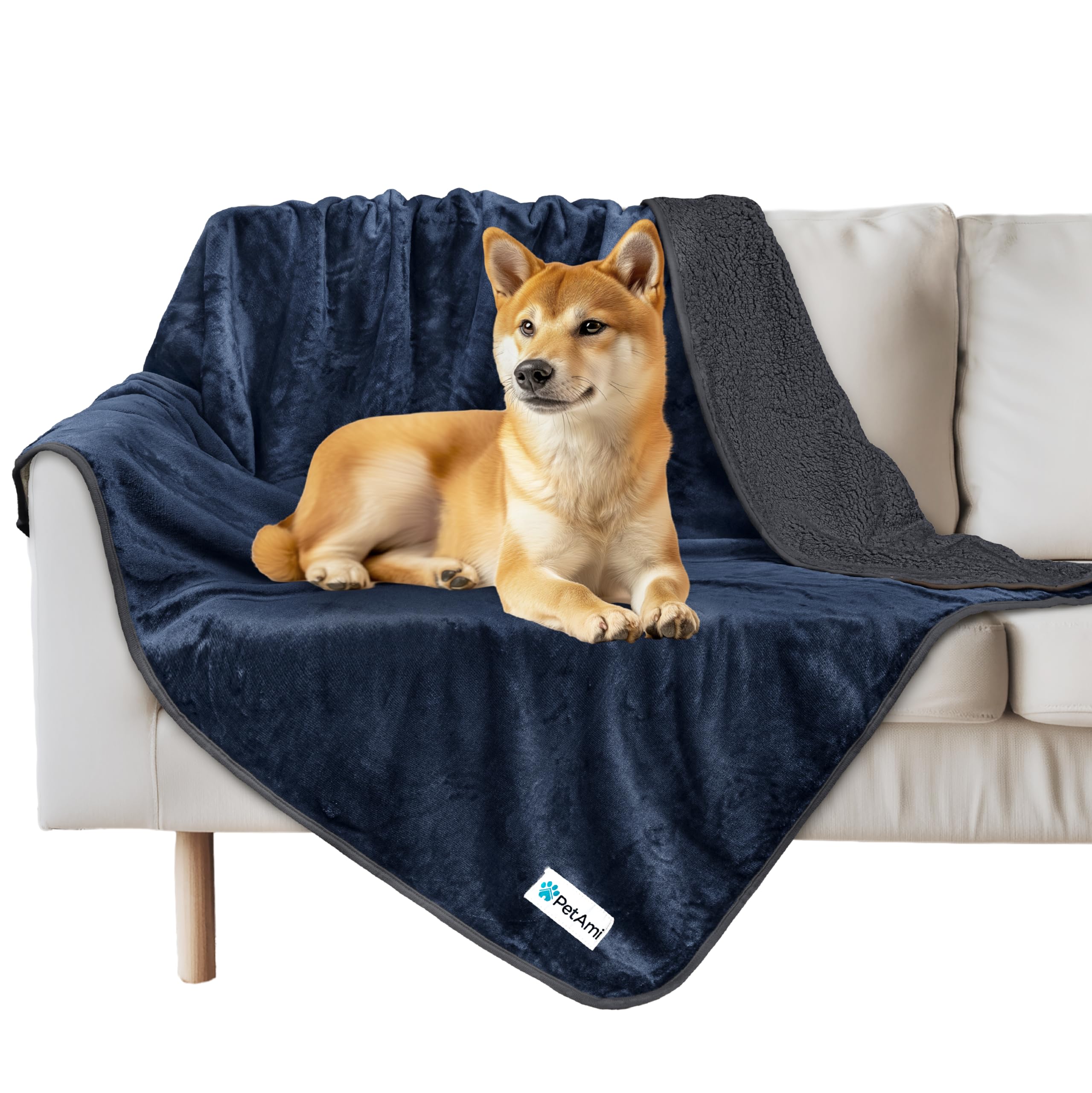 Petami Waterproof Dog Blanket For Medium Large Dogs, Pee Proof Pet Blanket For Bed Couch, Reversible Water Proof Blanket For Puppy Indoor Cat, Soft Dog Pee Crate Cover Washable, 60X80 Navy/Gray