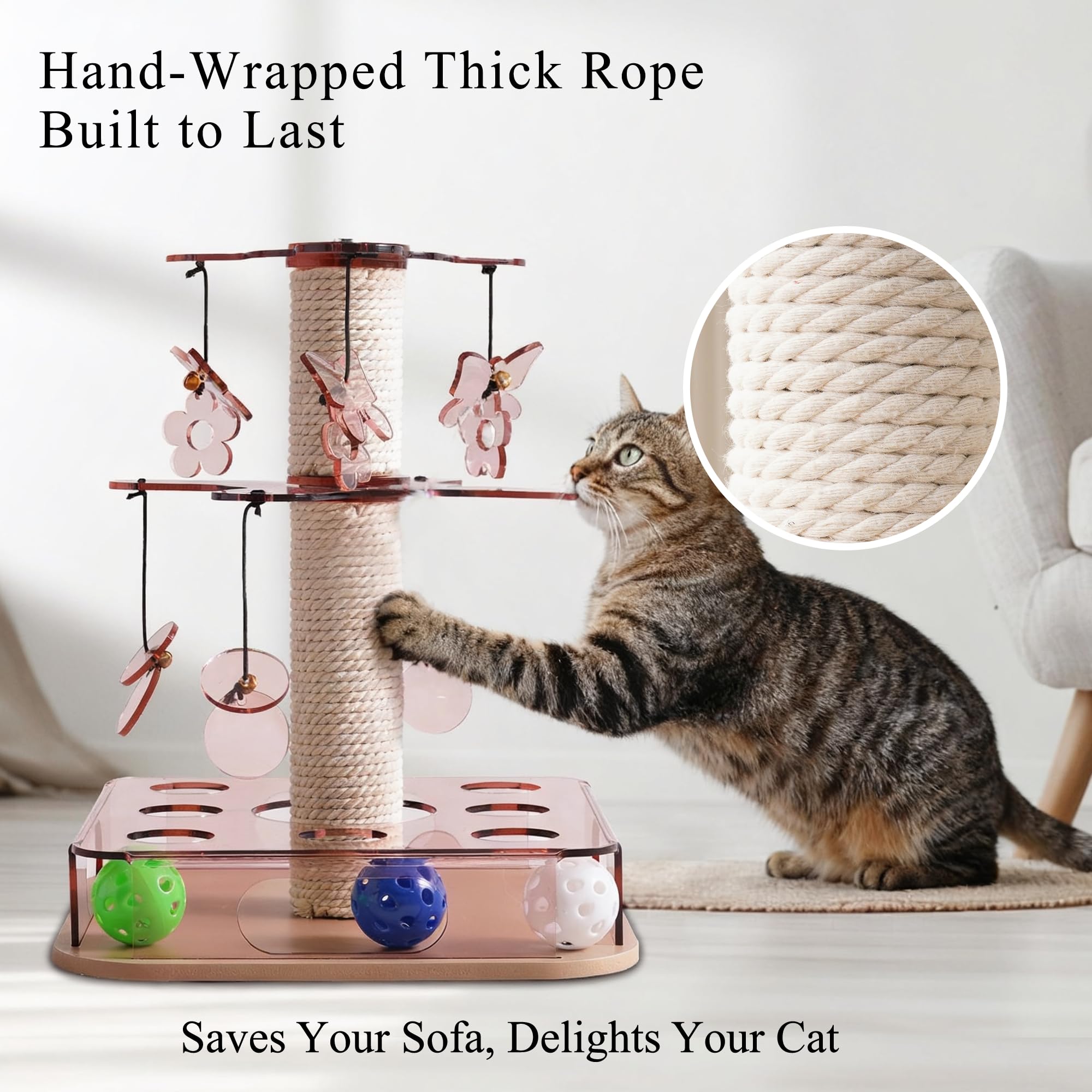 Kicari Modern 3-in-1 Interactive Cat Toy with Scratching Post, Cat Puzzle Toys for Indoor Cats with Colorful Jingle Balls, 2-Lay