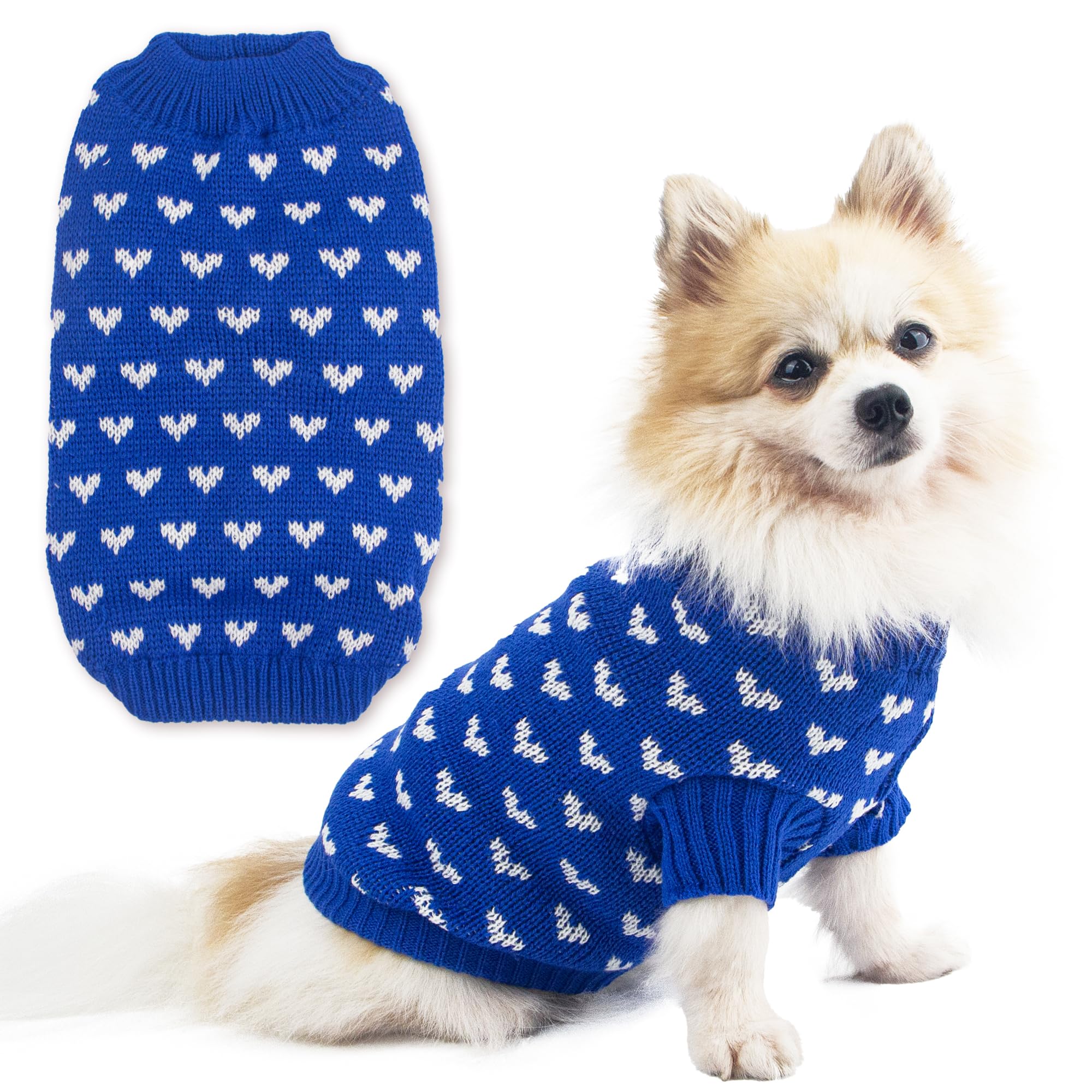 Dog Sweater Heart Puppy Sweater Warm Soft Pet Cloth Dog Outfits For Small Dogs And Cats (Blue, L)