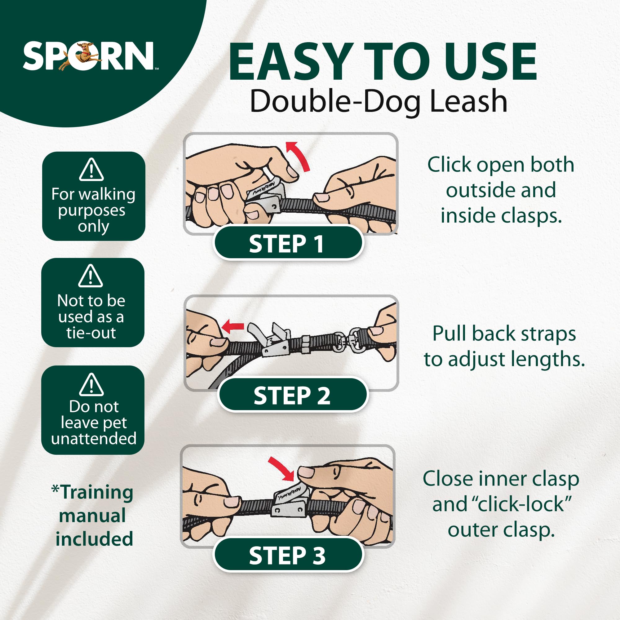 Sporn Double Dog Leash Coupler, Strong Nylon Webbing, Cushion Handle, Standard Size, Black, Model 10079