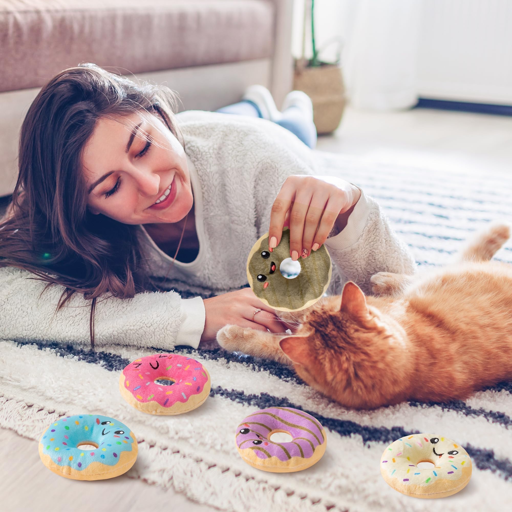L1Rabe Summer Donut Catnip Stuffed Toys - 5Pcs Funny Dessert Cat Toys Black Cat Appreciation Day Pet Supplies, Indoor Cats Chew