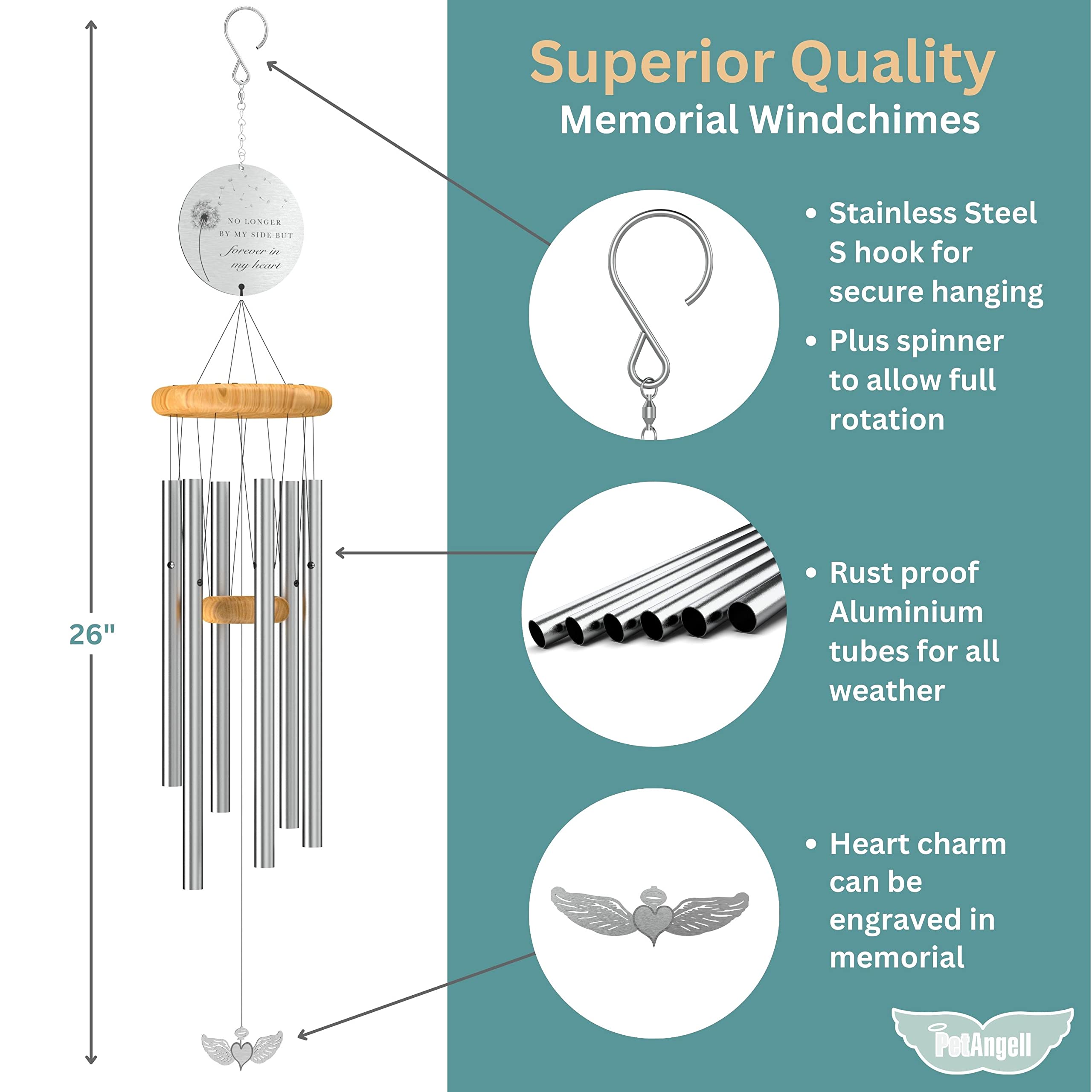 Sympathy Memorial Wind Chimes for Loss of Loved One - Large 26 Silver Bereavement Gift for Outdoors, in Memory of Mother, Father