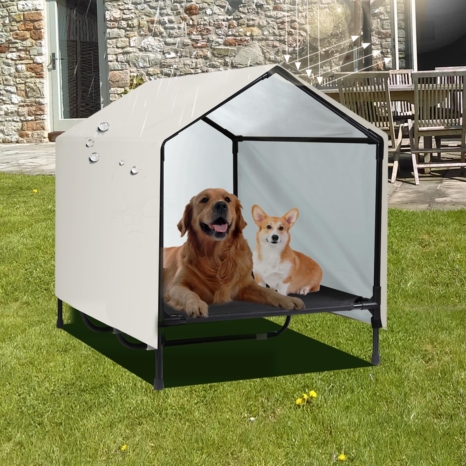 Caredpets Outdoor Indoor Dog House For Large Xl Xxl Jumbo Dogs | Xlarge Raised Elevated Dog Bed Cot With Canopy, Waterproof & Su