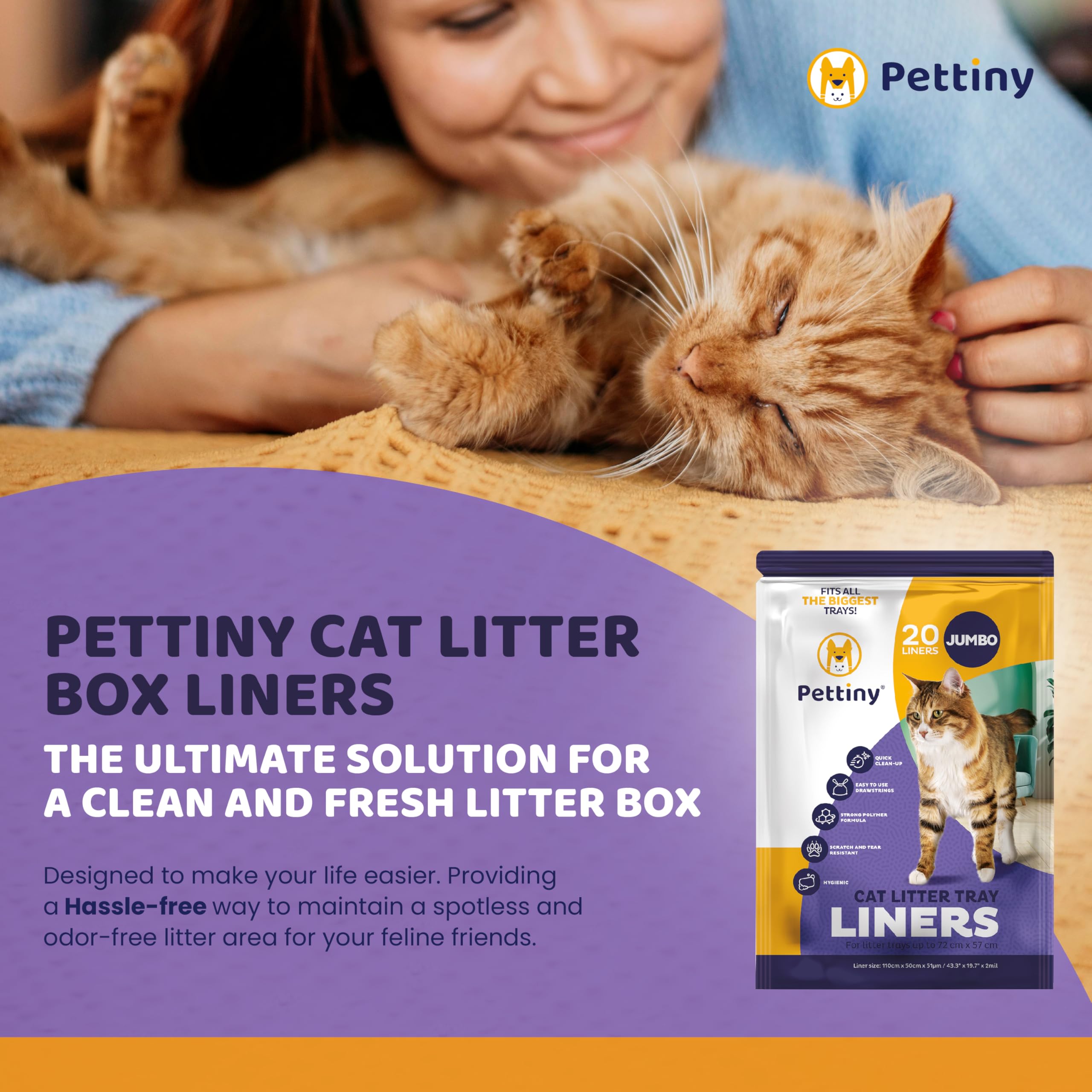 Pettiny 20 Jumbo Litter Box Liners With Drawstrings - Scratch Resistant Cat Litter Bags For The Biggest Litter Pan