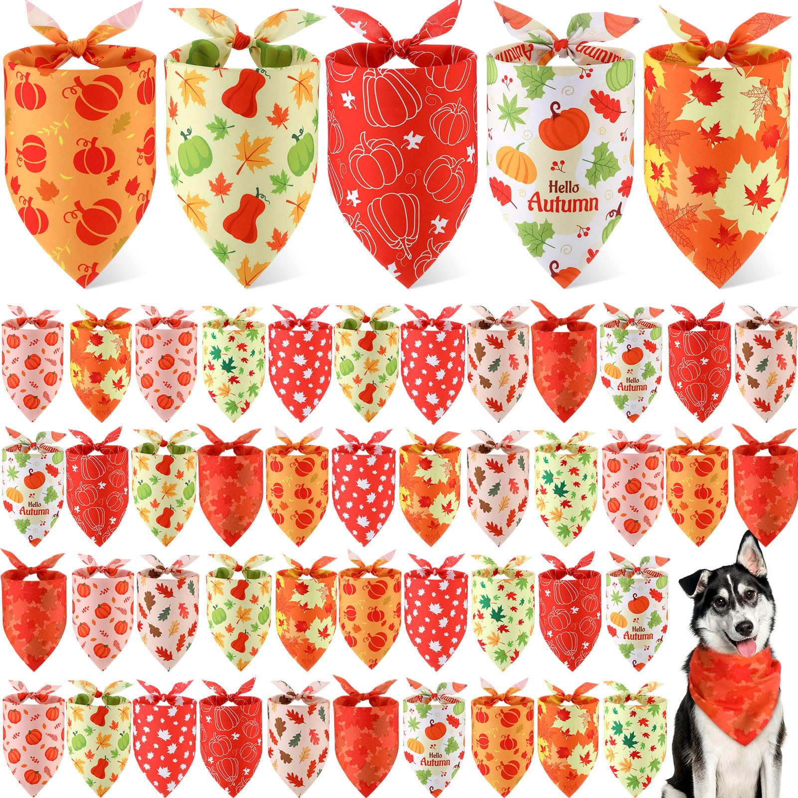 Weewooday 50 Pcs Fall Dog Bandanas Bulk Pumpkin Maple Leaves Thanksgiving Autumn Bandanas for Bibs Adjustable Scarf for Small Me