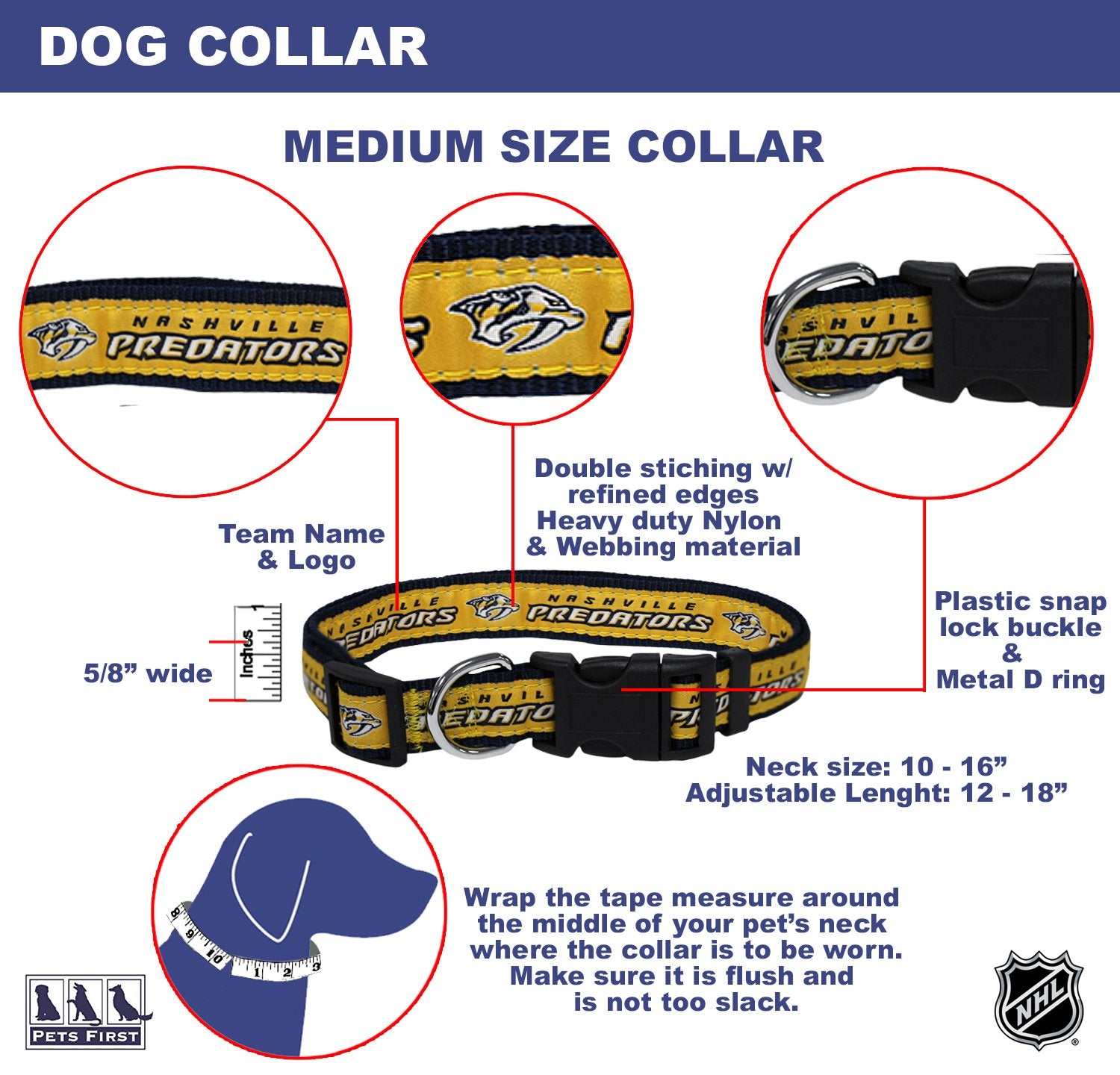 Pets First Nhl Nashville Predators Collar For Dogs & Cats, Medium. - Adjustable, Cute & Stylish! The Ultimate Hockey Fan Collar!