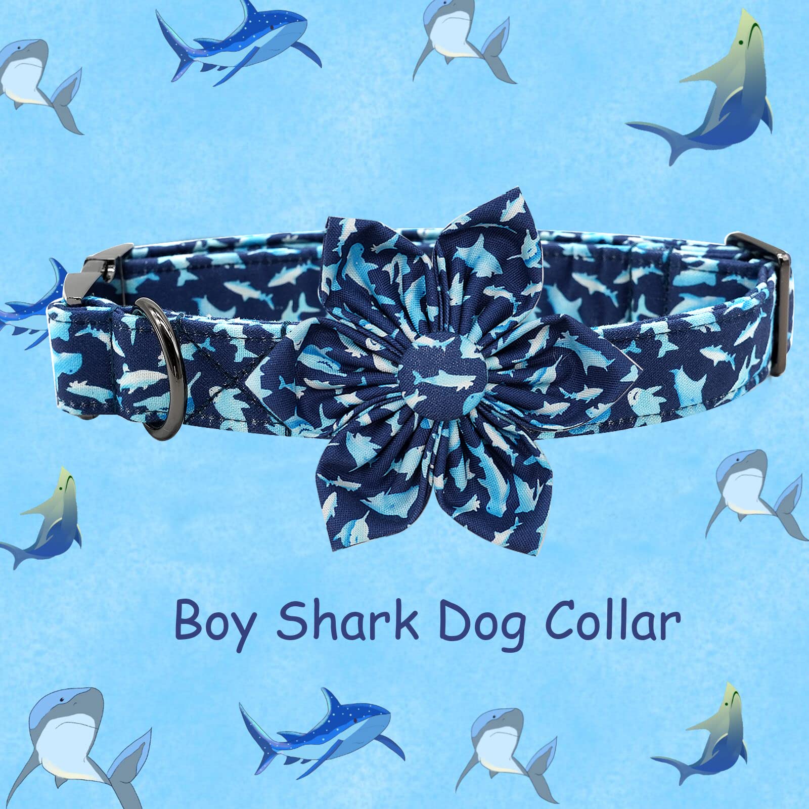 Elegant little tail Dog Collar with Flower - Shark Print Dog Collar Durable Cute Flower Collar Adjustable Dog Collar for Large D