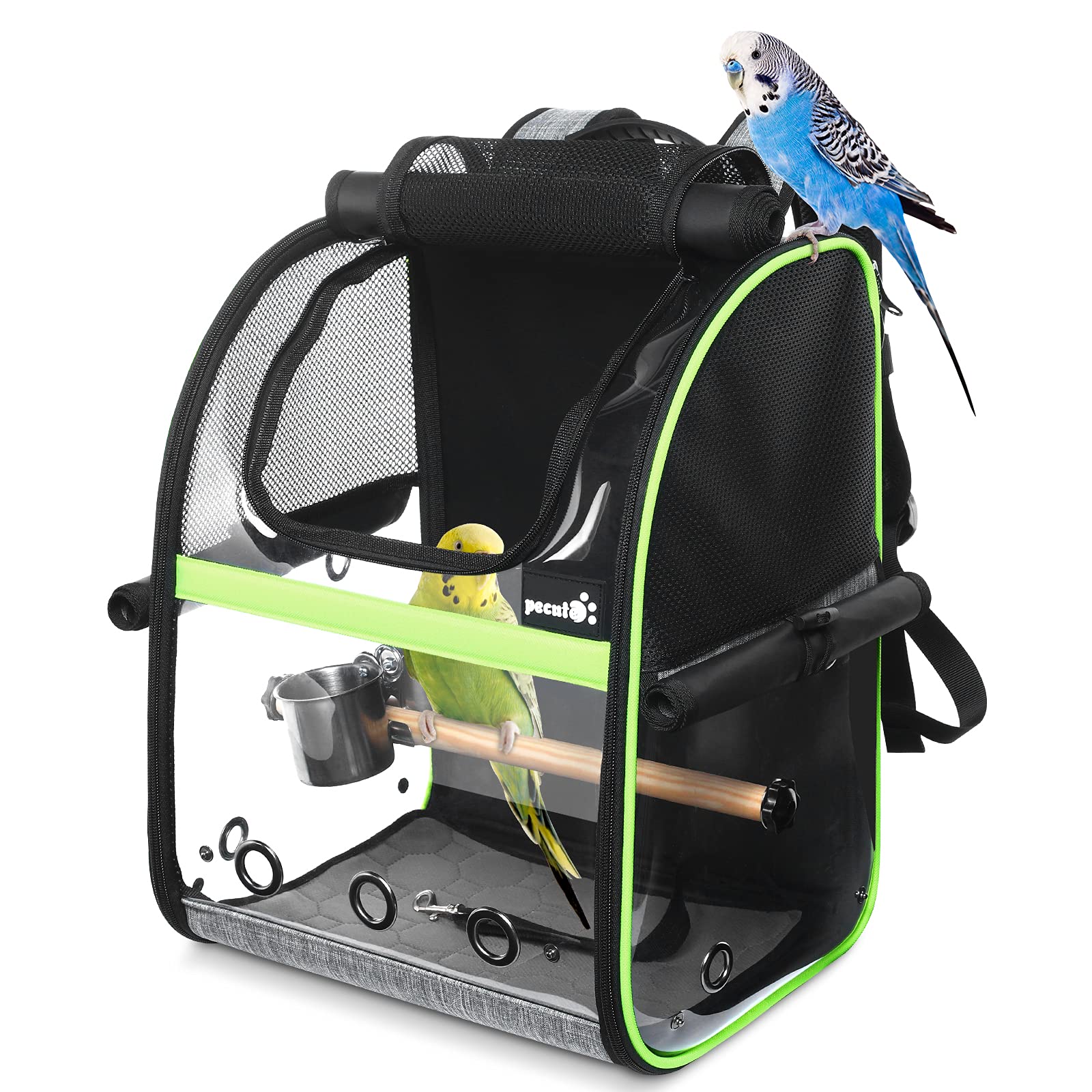 Pecute Bird Carrier Backpack, Parrots Bird Backpack with Visible Window, Adjustable Height Standing Perch, Feeding Cans, Waterpr