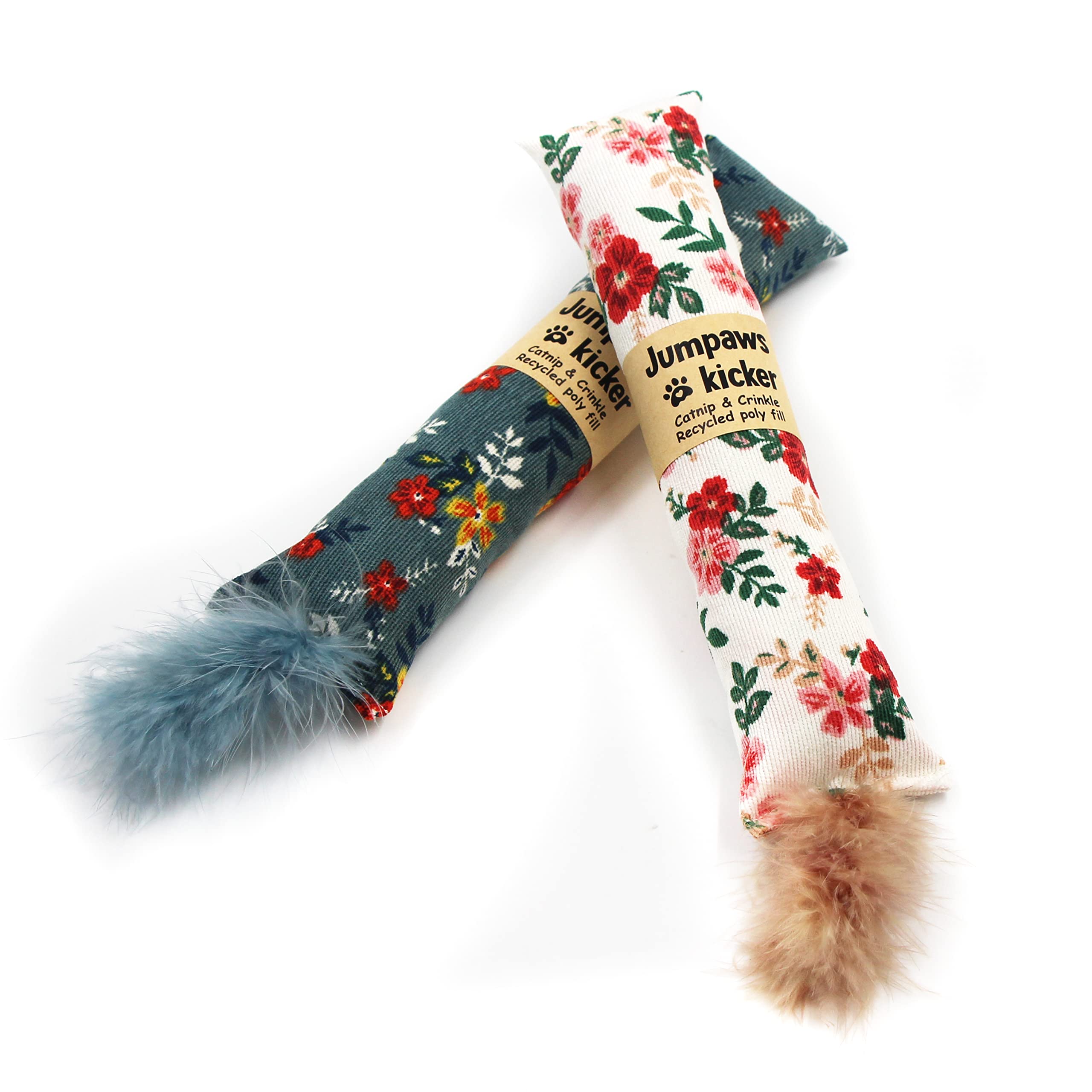 Jumpaws Cat Kicker Toys 2 Pack - Natural Catnip & Silvervine, Soft Corduroy, Feathers, Bite Resistant, Indoor Cat Accessories, Model AD-8919