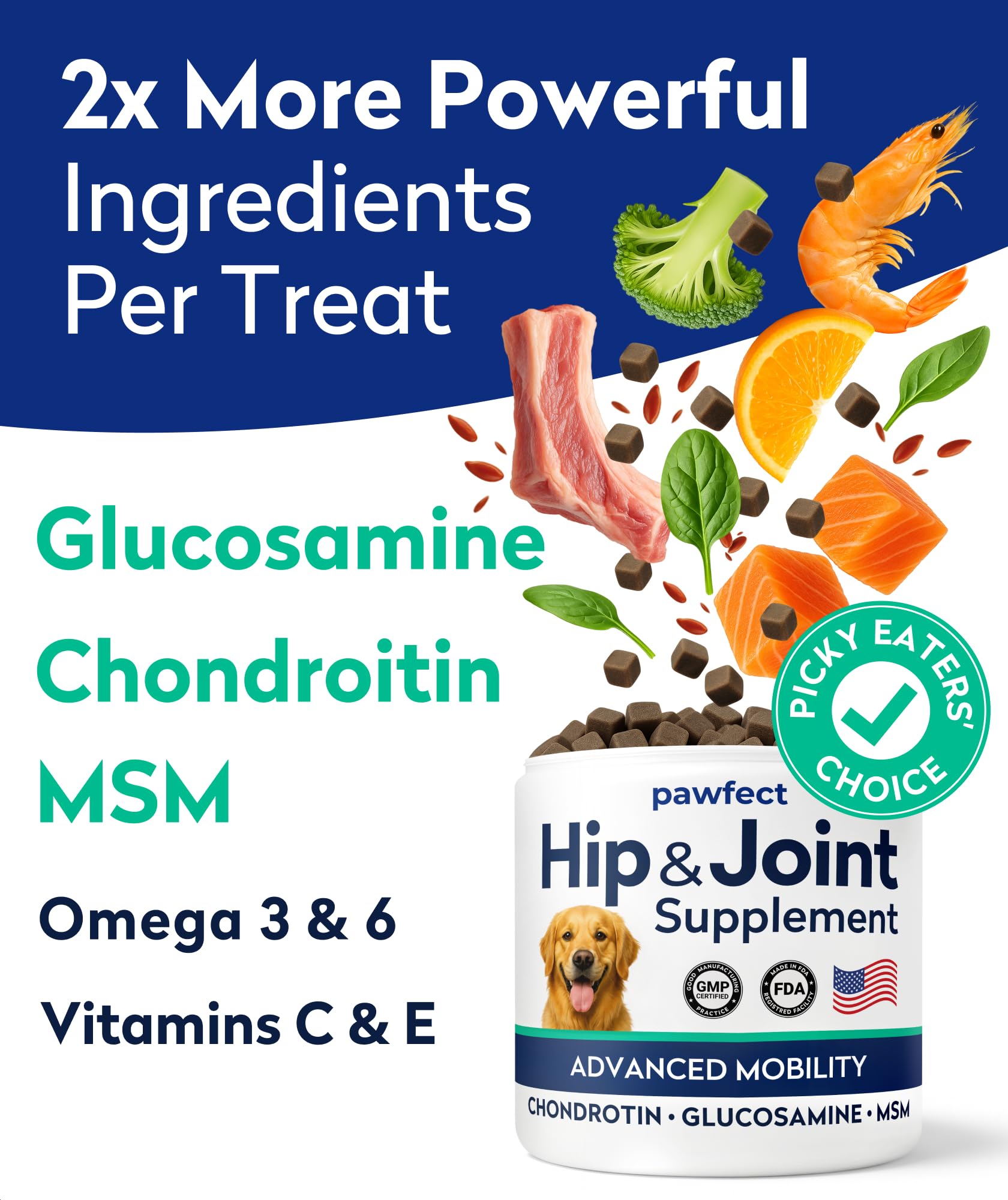 Glucosamine Dog Treats for Picky Eaters - Joint Supplement w/Chondroitin, MSM, Omega-3 - Joint Pain Relief - Advanced Formula -