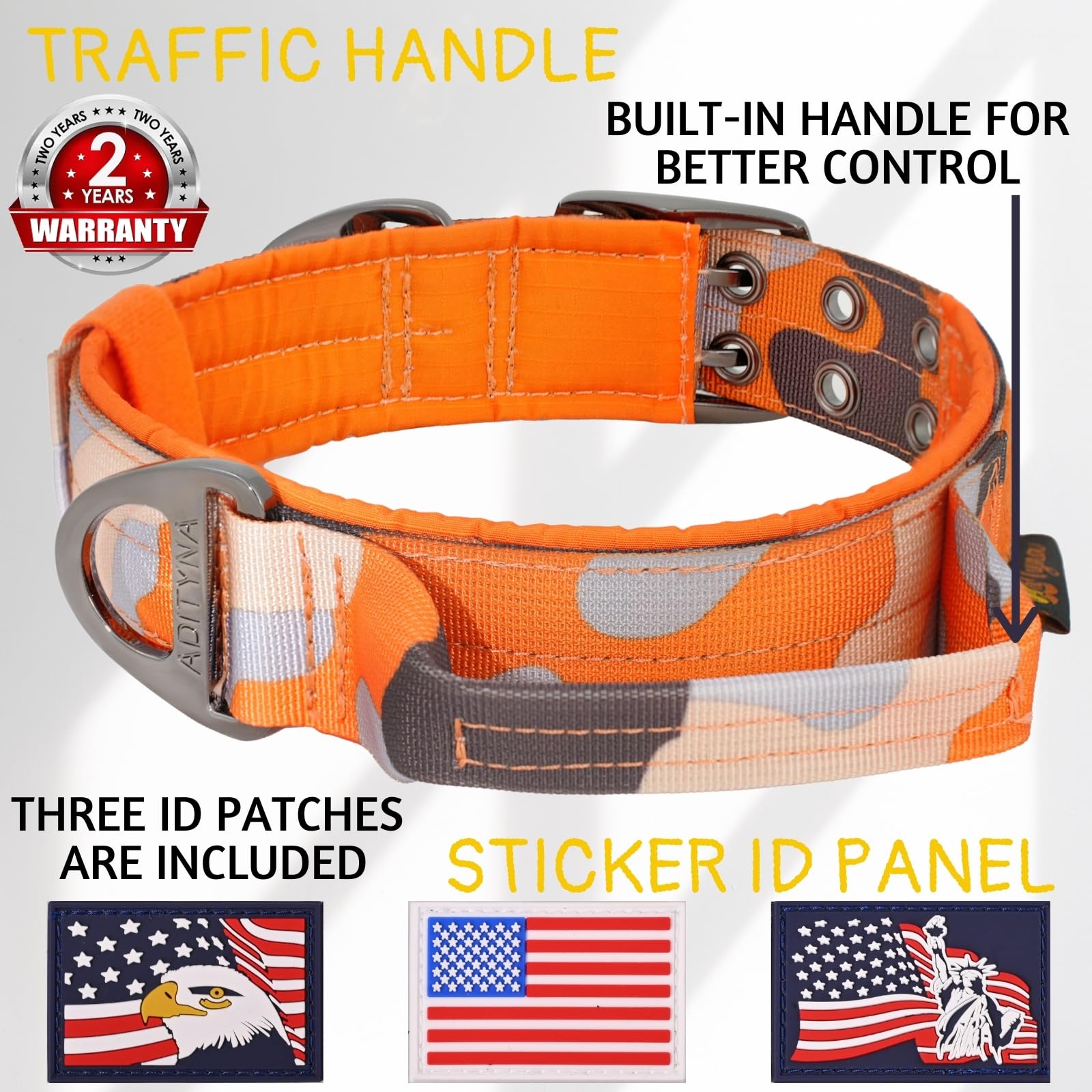Adityna Heavy Duty Dog Collar For Medium Dogs - Camo Orange Collar With Handle For Training, And Walking - Wide, Thick, Tactical