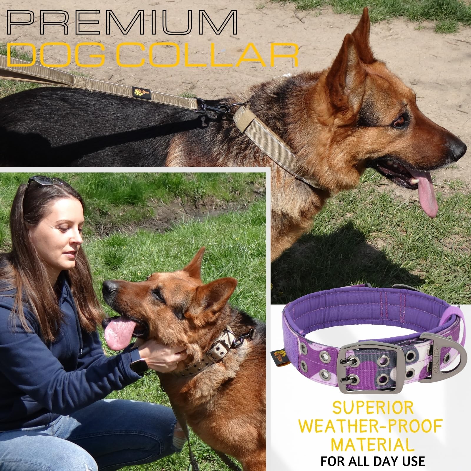 ADITYNA Tactical Dog Collar - Heavy Duty, Neoprene Padded, Camo Purple, Large (18-23" Neck) with Handle for Training and Walking