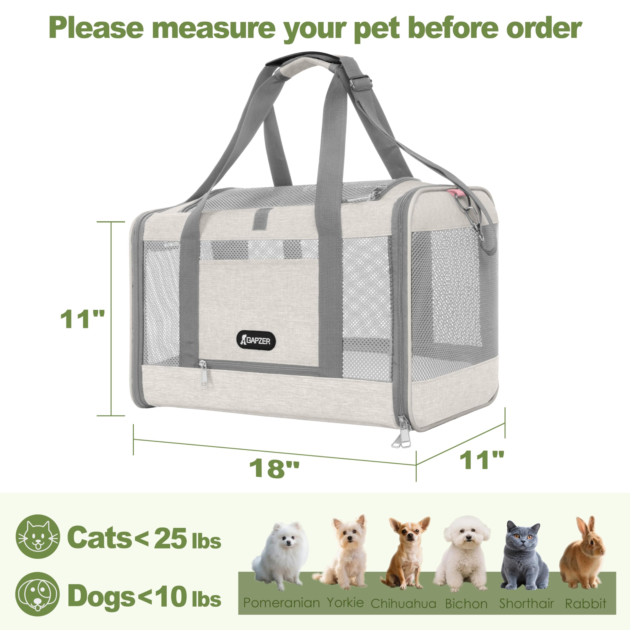 GAPZER Cat Carrier American Airline Approved 18x11x11, Top Opening Sturdy Soft Pet Carrying Bag See Through, Mini Dog Hard Botto