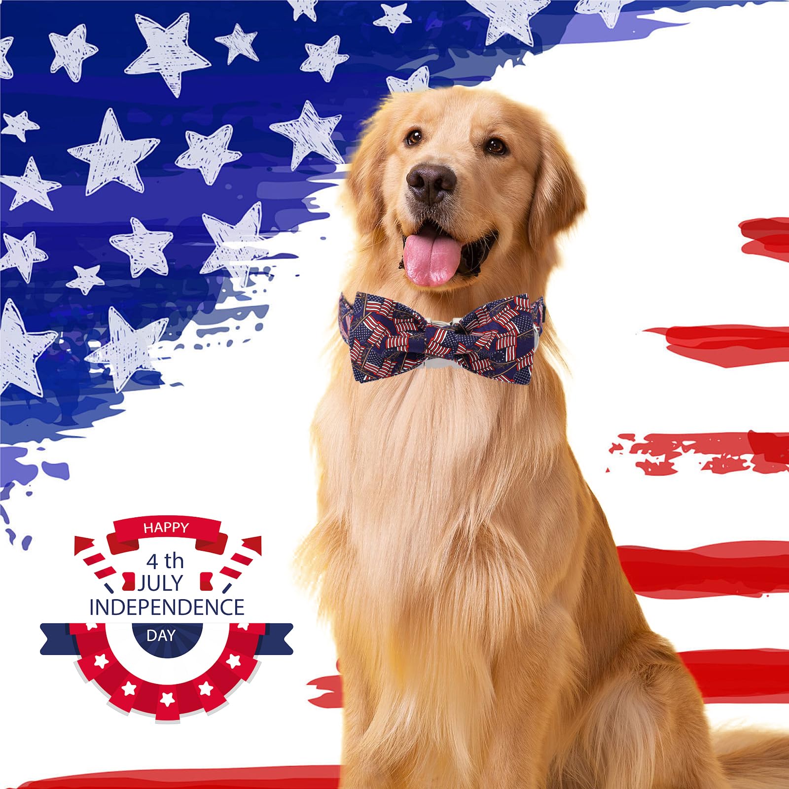 Patriotic Dog Collar With Bow, Unique Style Paws 4Th Of July Dog Collar, Independence Day Collars Adjustable American Flag Pet C