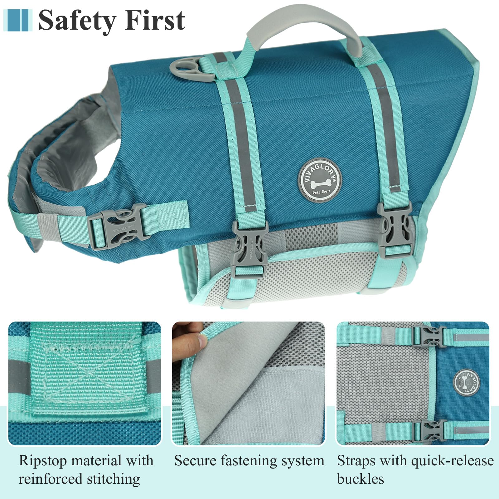 Vivaglory Ripstop Dog Life Jacket For Small Medium Large Dogs Boating, Dog Swimming Vest With Enhanced Buoyancy & Visibility, Tu